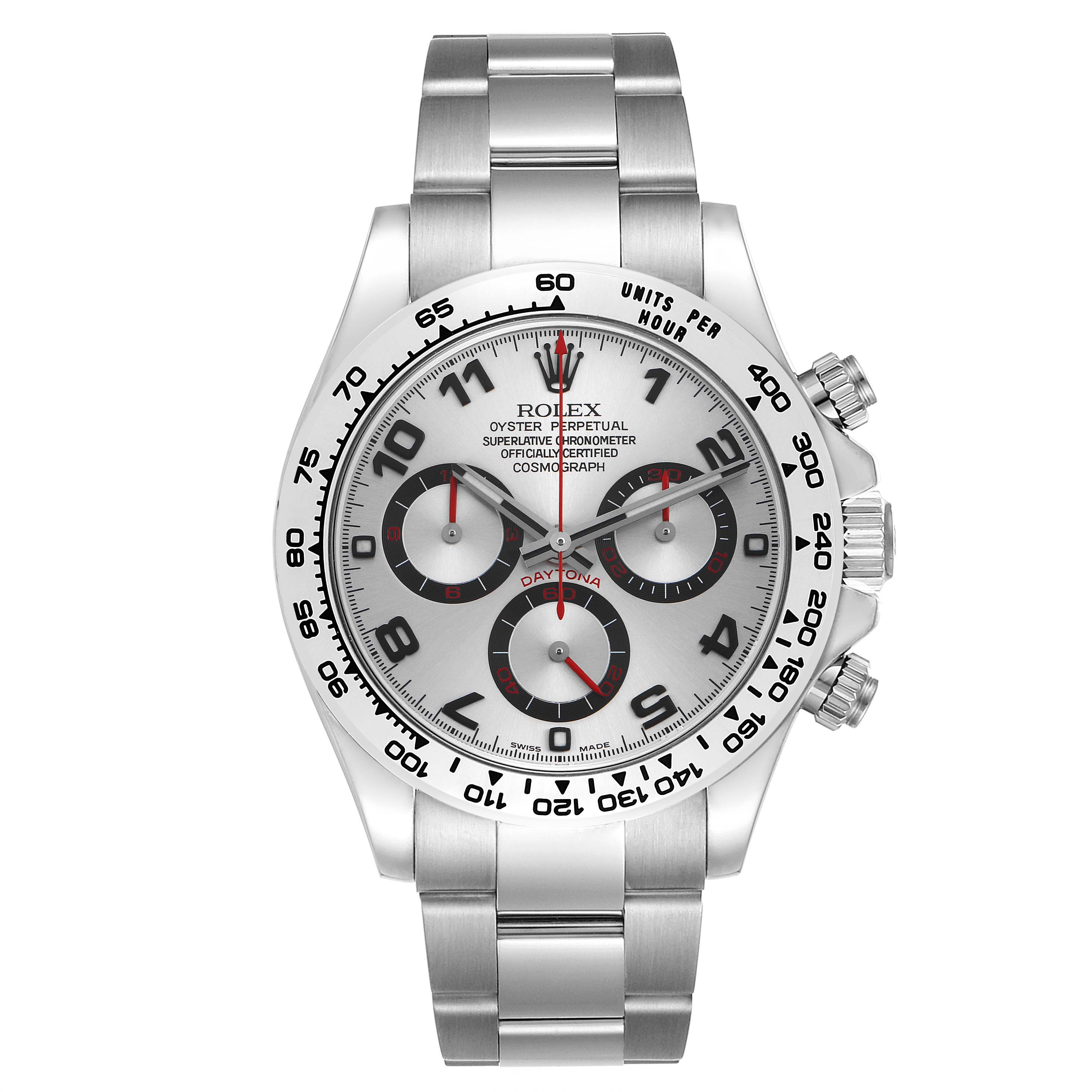 The Rolex Daytona 116509 Men
s White Gold Silver Dial 116509 Men
s White Gold Silver Dial model is shown from the front, displaying the dial, bezel, subdials, bracelet, and crown.