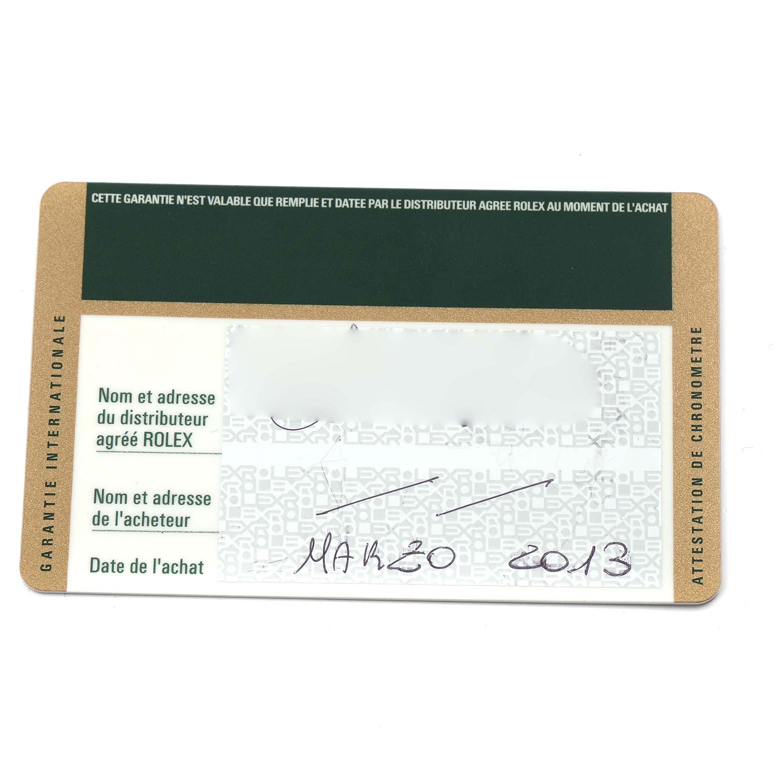 The image shows a warranty card for the Rolex Daytona 116509 Men
s White Gold Silver Dial 116509 Men
s White Gold Silver Dial model, displaying the purchase date and dealer information.