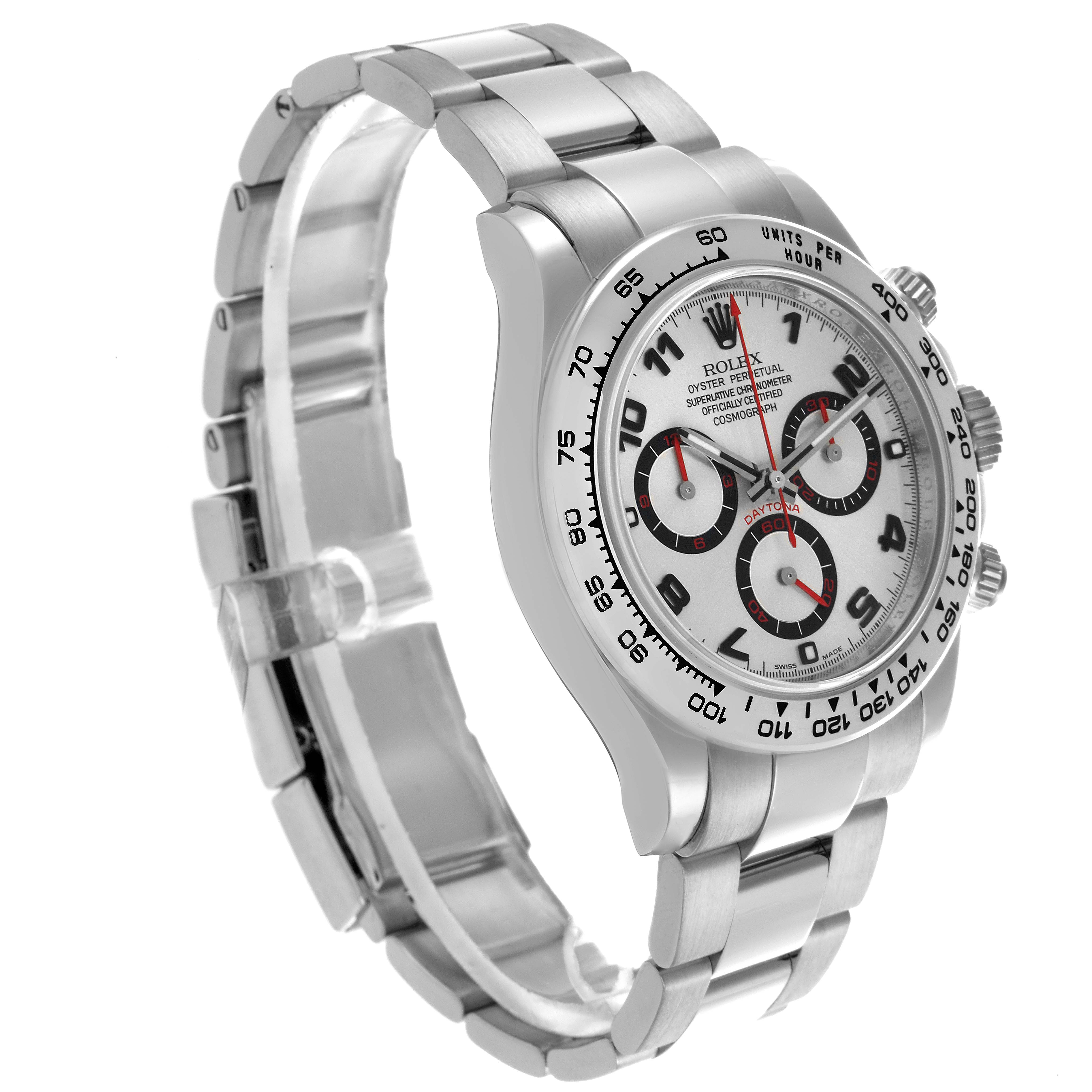 This image shows a side angle of the Rolex Daytona 116509 Men
s White Gold Silver Dial 116509 Men
s White Gold Silver Dial, featuring its bracelet, bezel, and dial.