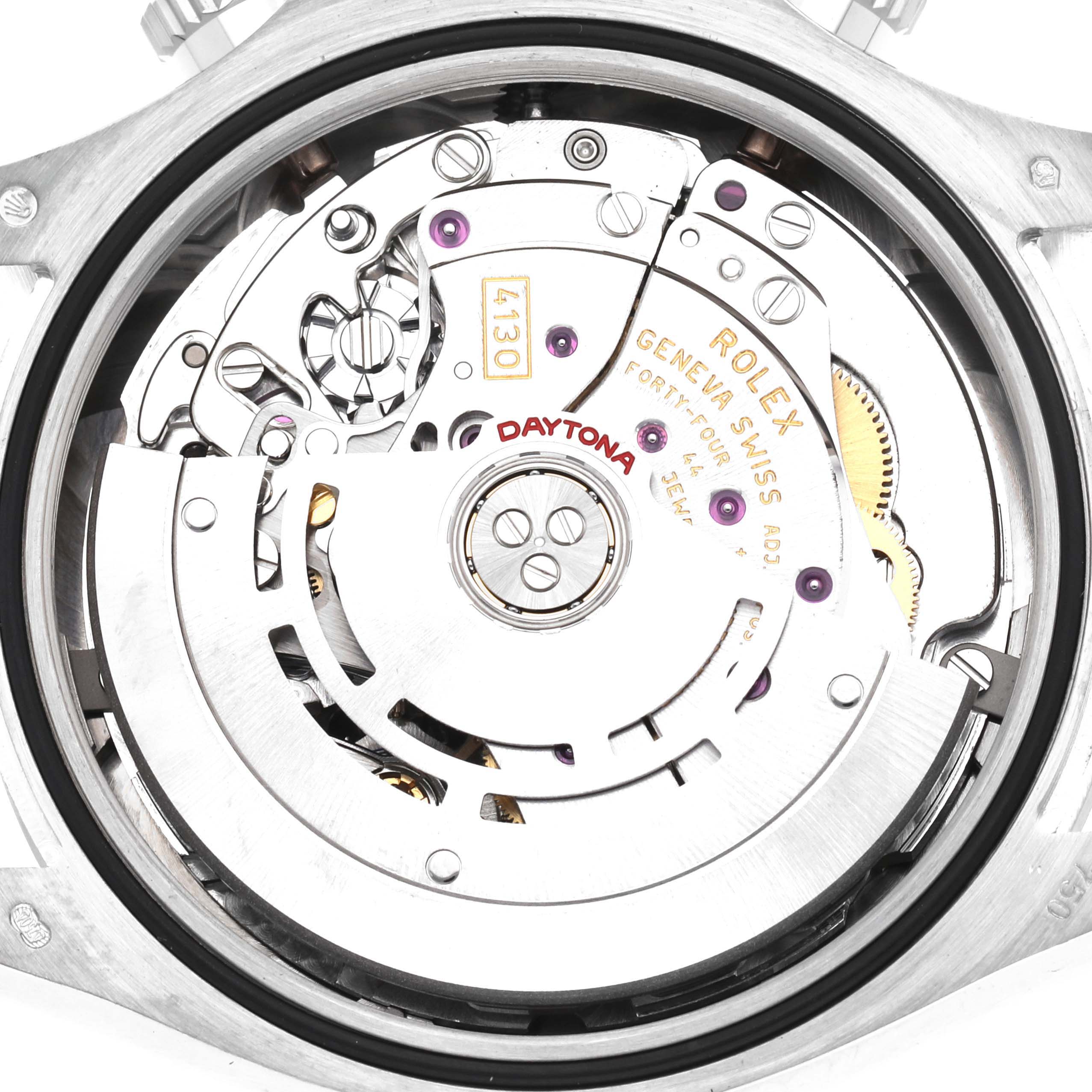 This image shows the inner mechanism of a Rolex Daytona 116509 Men
s White Gold Silver Dial 116509 Men
s White Gold Silver Dial watch, viewed from the back, highlighting its intricate components.