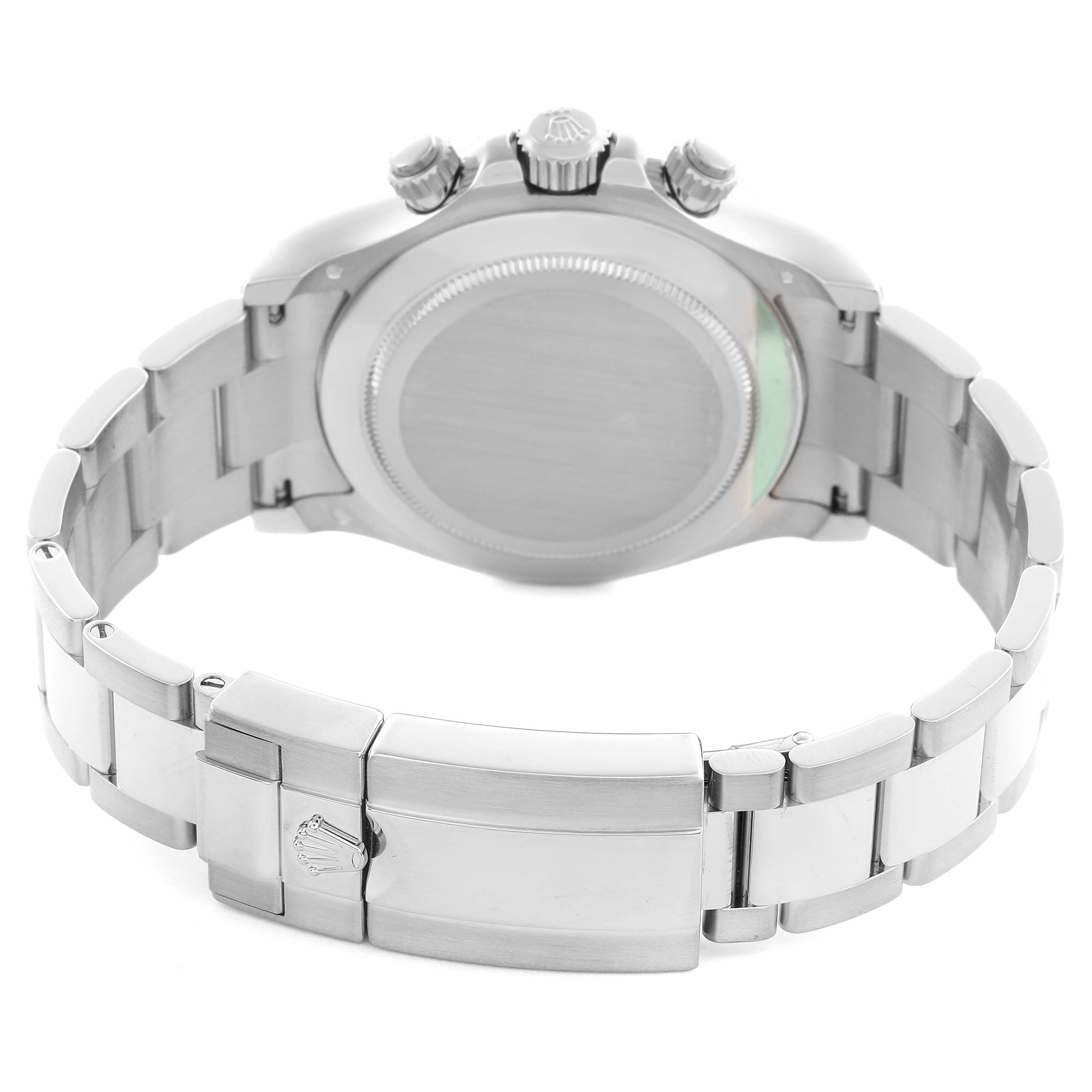 The image shows the back of a Rolex Daytona 116509 Men
s White Gold Silver Dial 116509 Men
s White Gold Silver Dial watch, highlighting the case back, bracelet, and clasp from a rear angle.