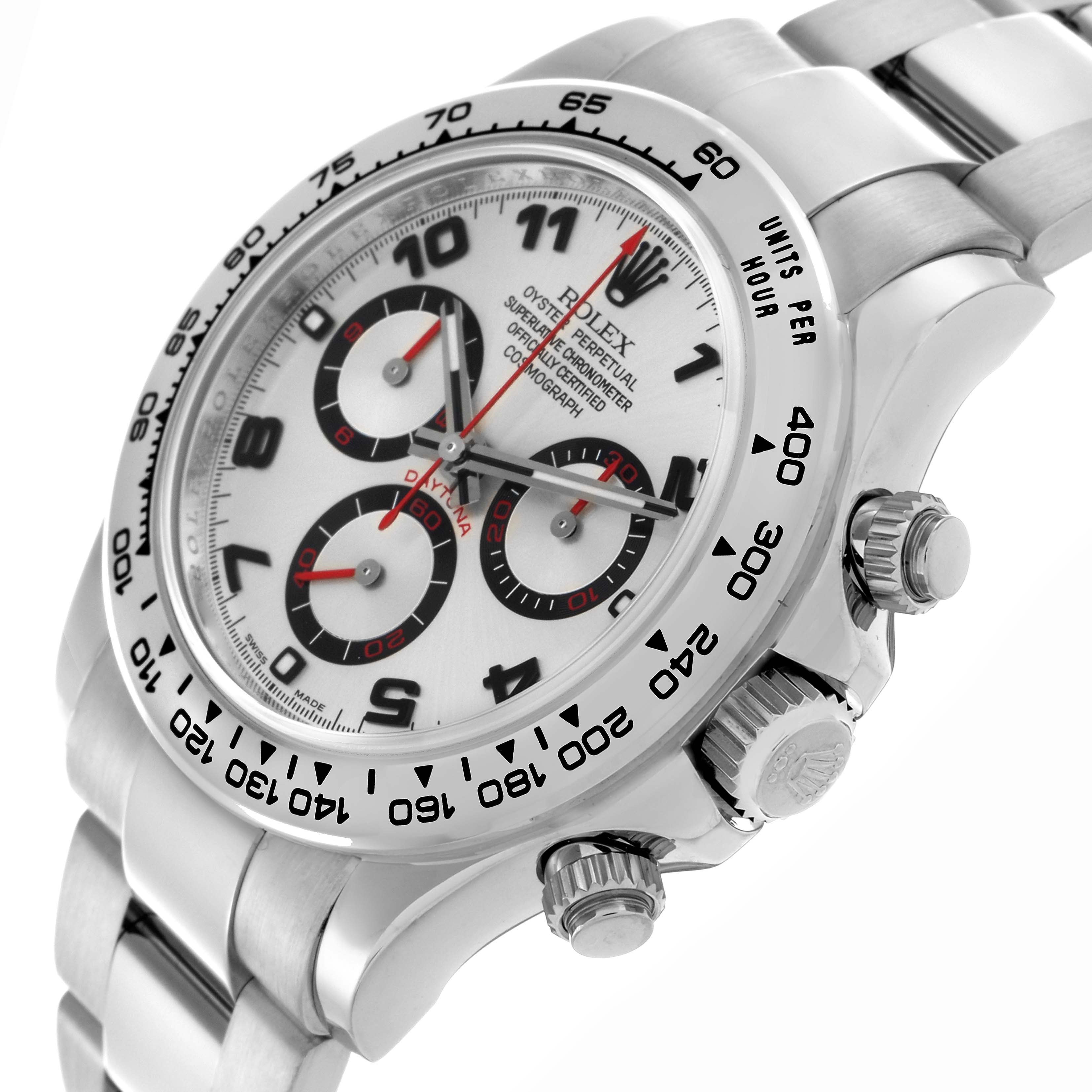 The Rolex Daytona 116509 Men
s White Gold Silver Dial 116509 Men
s White Gold Silver Dial watch is shown at an angled close-up, displaying the bezel, dial, and side knobs prominently.