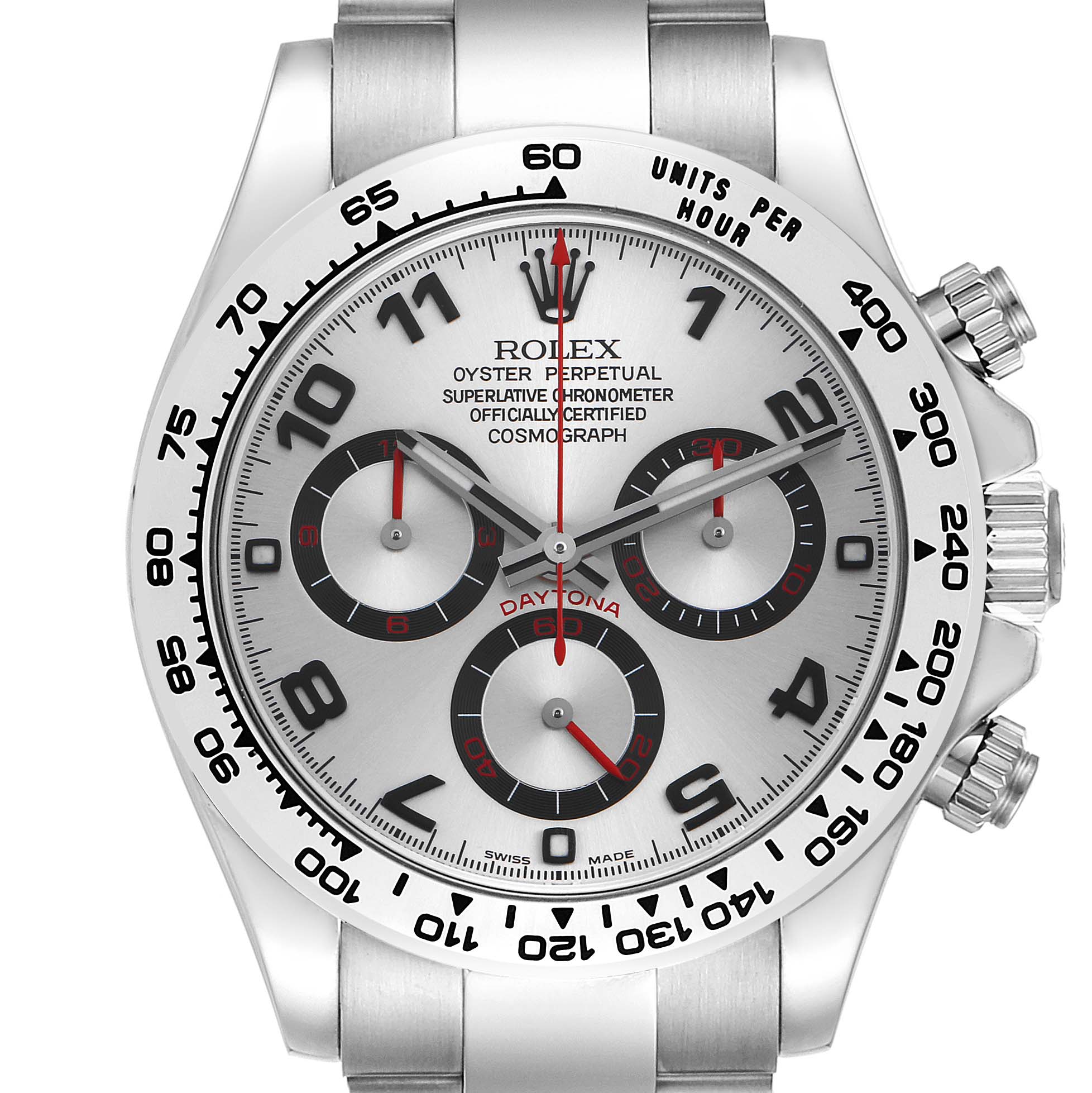 The Rolex Daytona 116509 Men
s White Gold Silver Dial 116509 Men
s White Gold Silver Dial is shown from a front angle, highlighting its dial, bezel, and chronograph pushers.