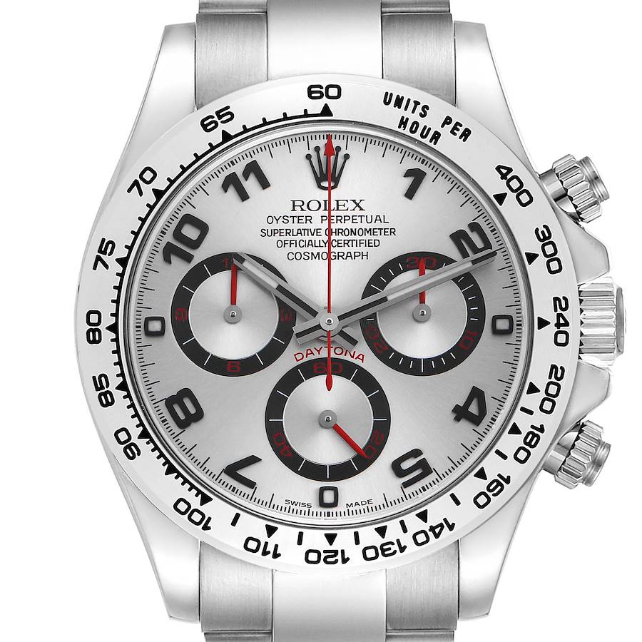 The Rolex Daytona is shown from a front angle, highlighting its dial, bezel, and chronograph pushers.