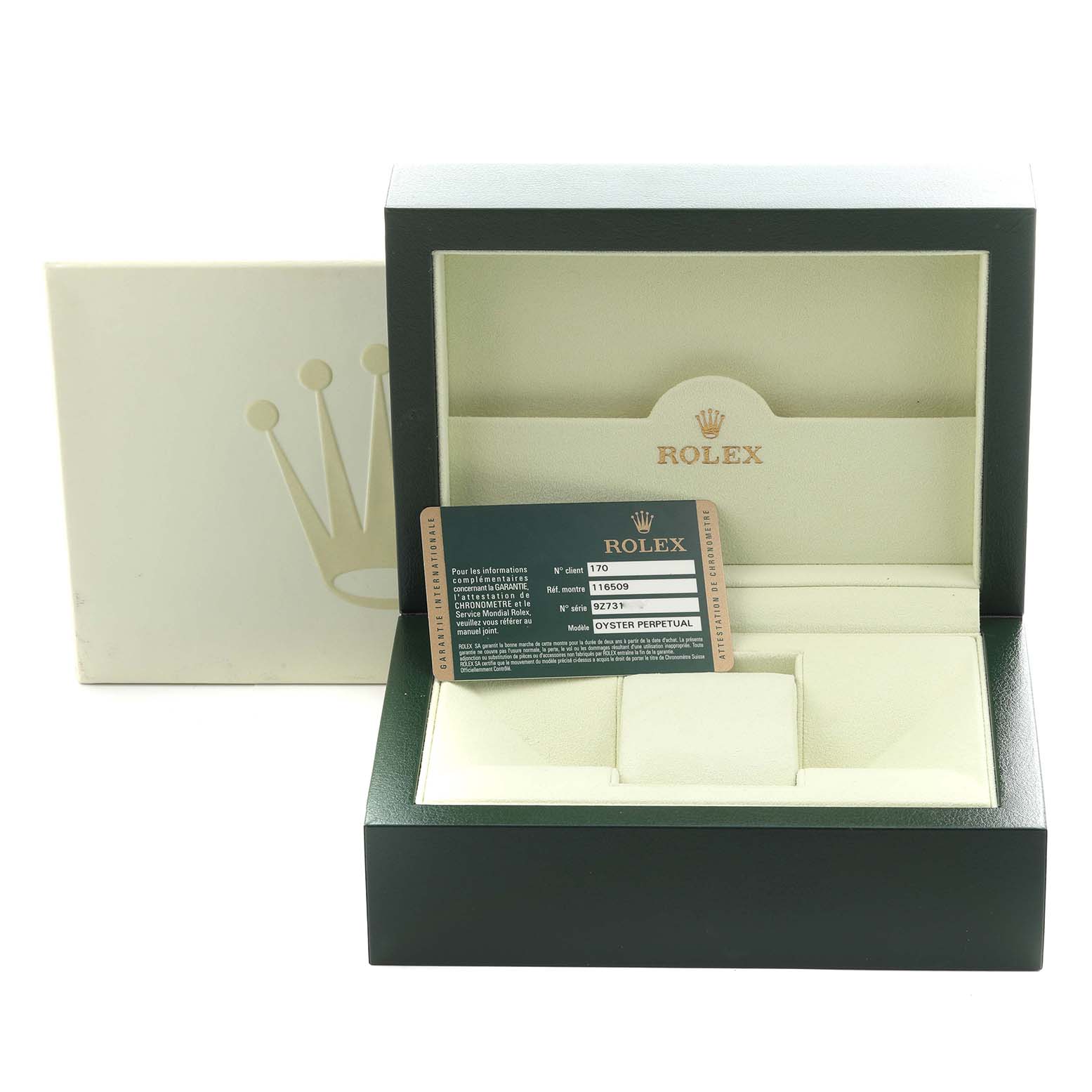 The image shows the Rolex Daytona 116509 Men
s White Gold Silver Dial 116509 Men
s White Gold Silver Dial watch box and warranty card, with the box lid open, viewed from the front.