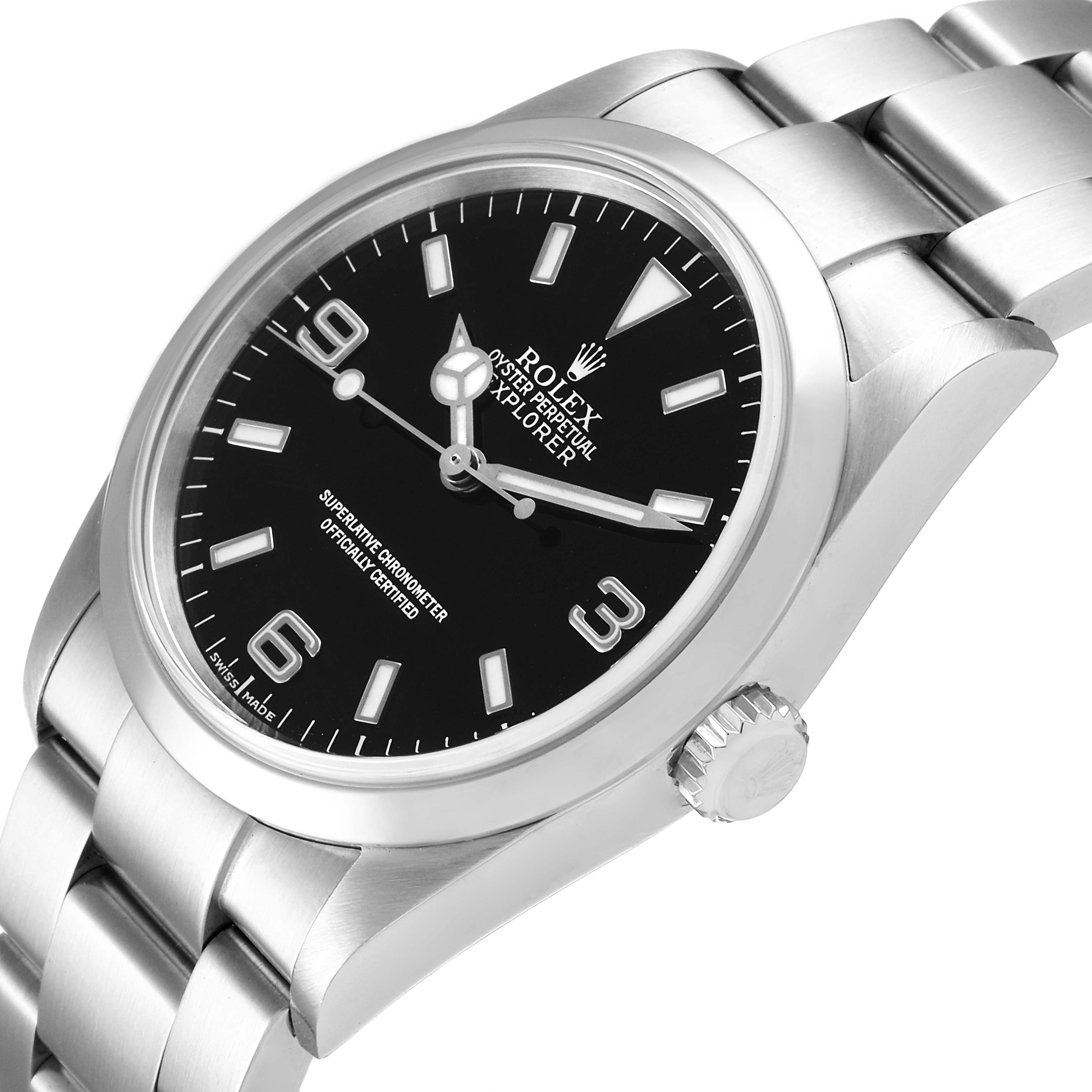 The image shows a Rolex Explorer 114270 Men
s Stainless Steel Black Dial 114270 Men
s Stainless Steel Black Dial watch at a slight angle, highlighting the dial, bracelet, and crown.