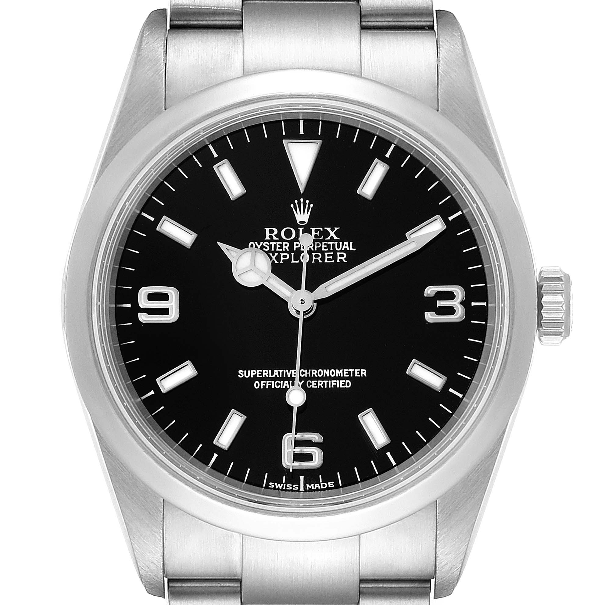 This image shows a frontal view of the Rolex Explorer 114270 Men
s Stainless Steel Black Dial 114270 Men
s Stainless Steel Black Dial watch, highlighting the dial, hands, bezel, and part of the stainless steel bracelet.