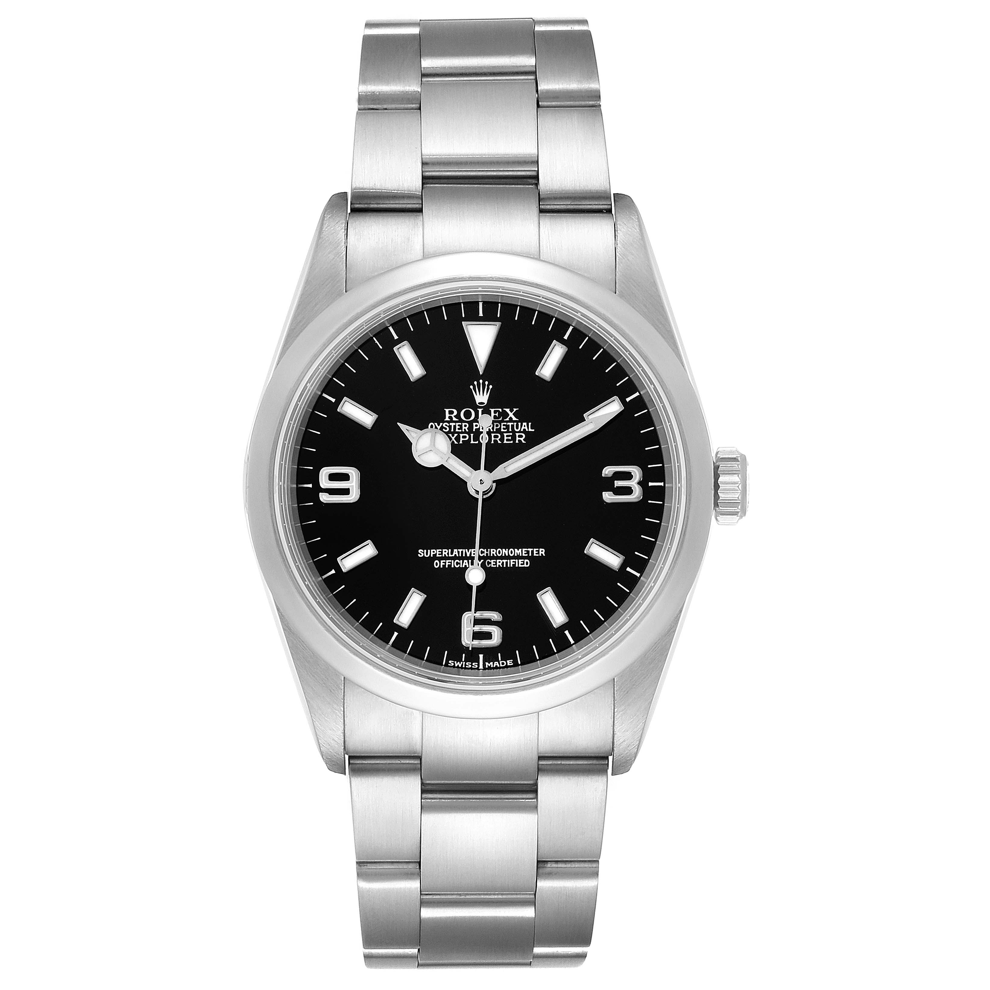 The image shows a front view of a Rolex Explorer 114270 Men
s Stainless Steel Black Dial 114270 Men
s Stainless Steel Black Dial model, displaying the dial, hands, and bracelet.