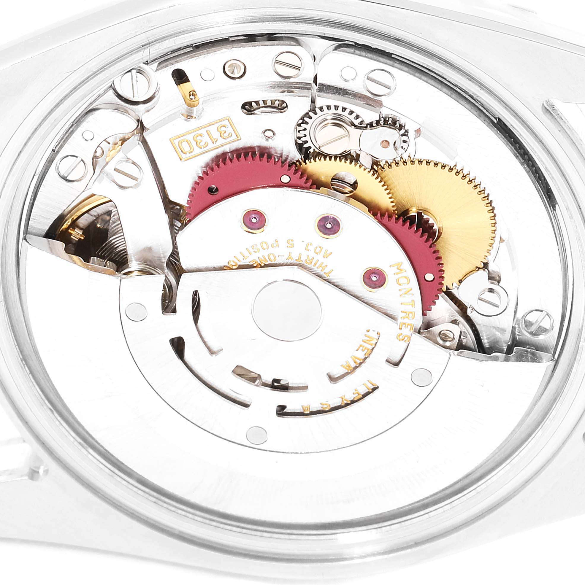 This image shows the internal mechanism and movement parts of a Rolex Explorer 114270 Men
s Stainless Steel Black Dial 114270 Men
s Stainless Steel Black Dial watch from a back angle.