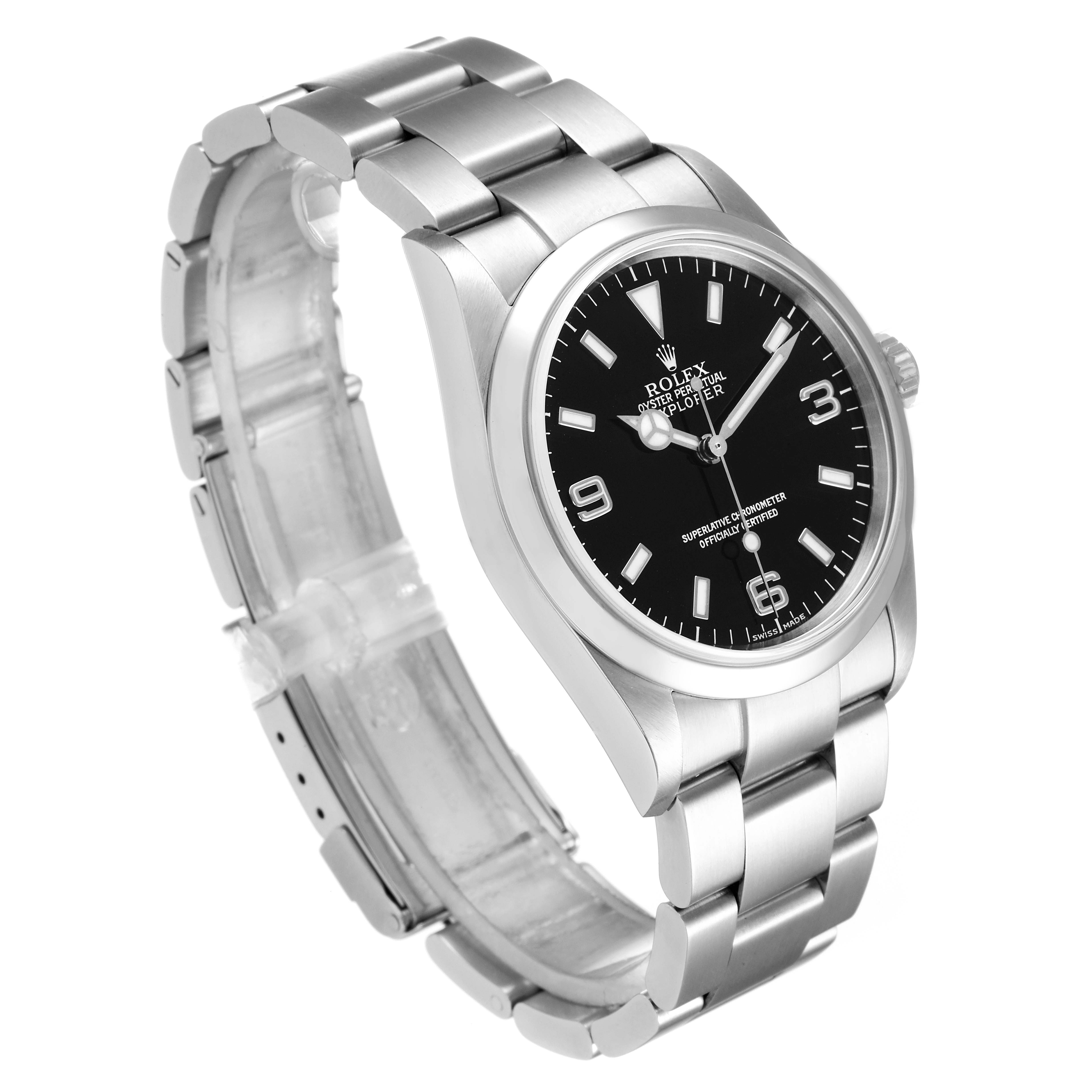The image shows a Rolex Explorer 114270 Men
s Stainless Steel Black Dial 114270 Men
s Stainless Steel Black Dial watch angled slightly from the front, displaying the face, bezel, case, and bracelet.