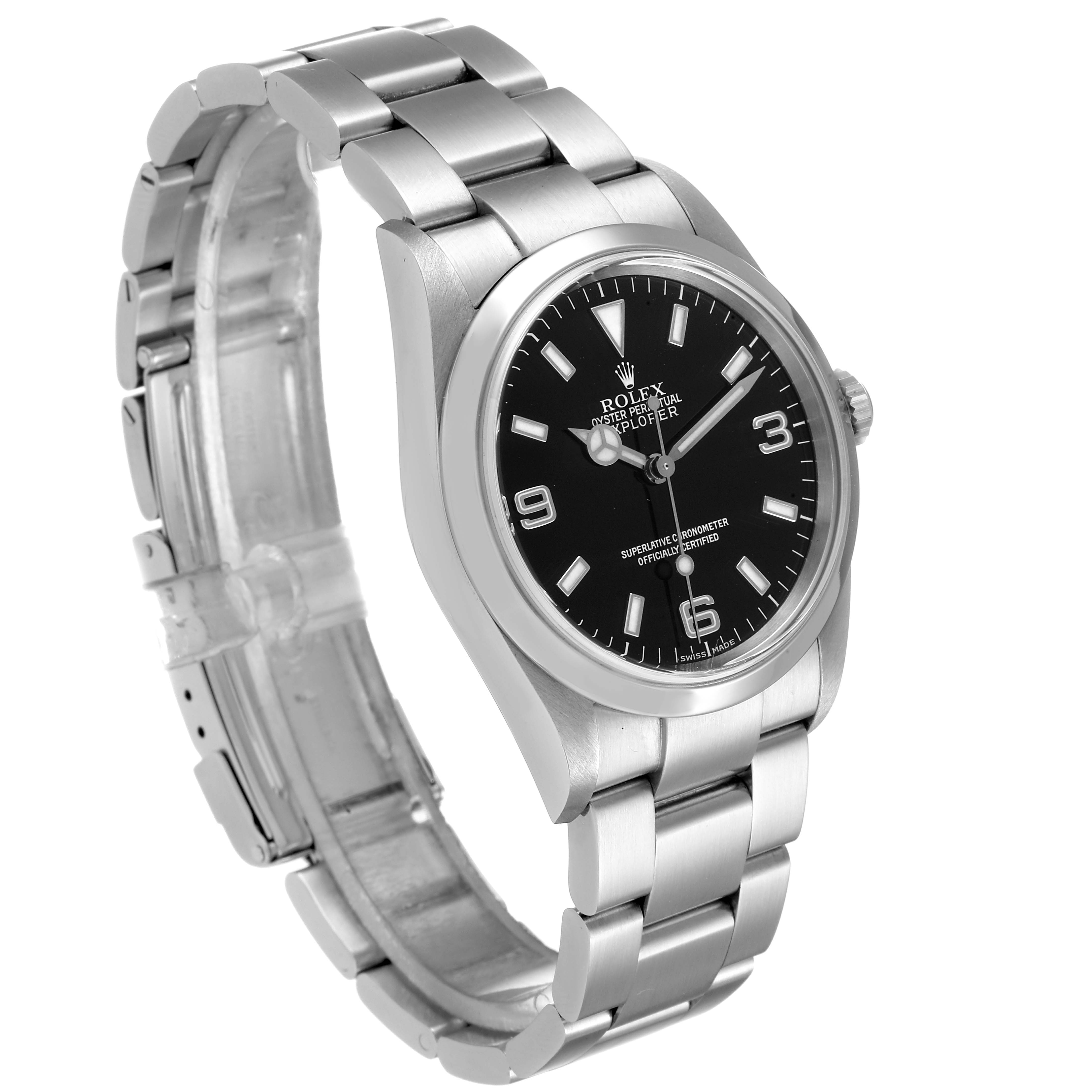 The image shows a Rolex Explorer 114270 Men
s Stainless Steel Black Dial 114270 Men
s Stainless Steel Black Dial watch at an angle that highlights the face, bezel, and bracelet.