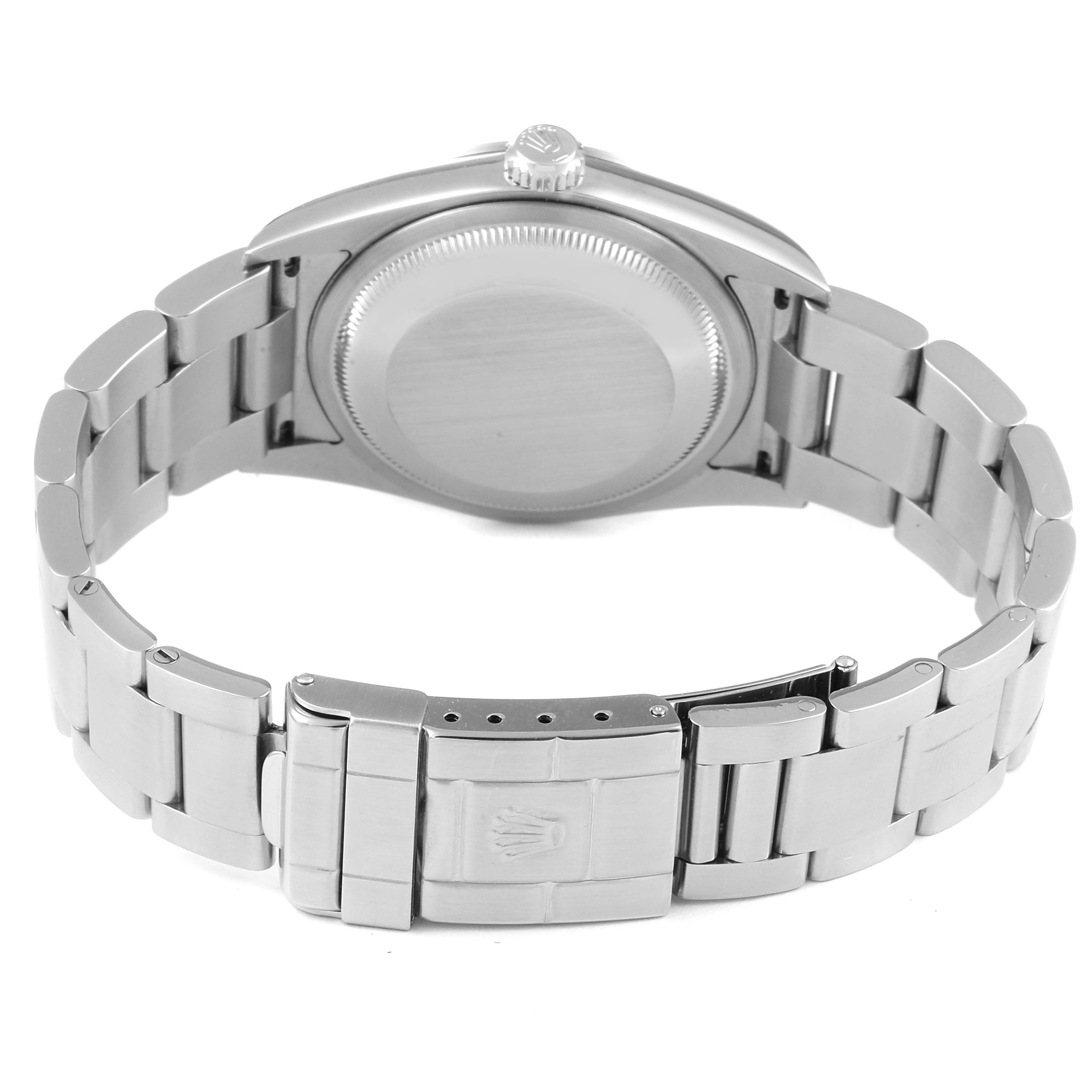 This image shows the backside and bracelet of the Rolex Explorer 114270 Men
s Stainless Steel Black Dial 114270 Men
s Stainless Steel Black Dial watch.