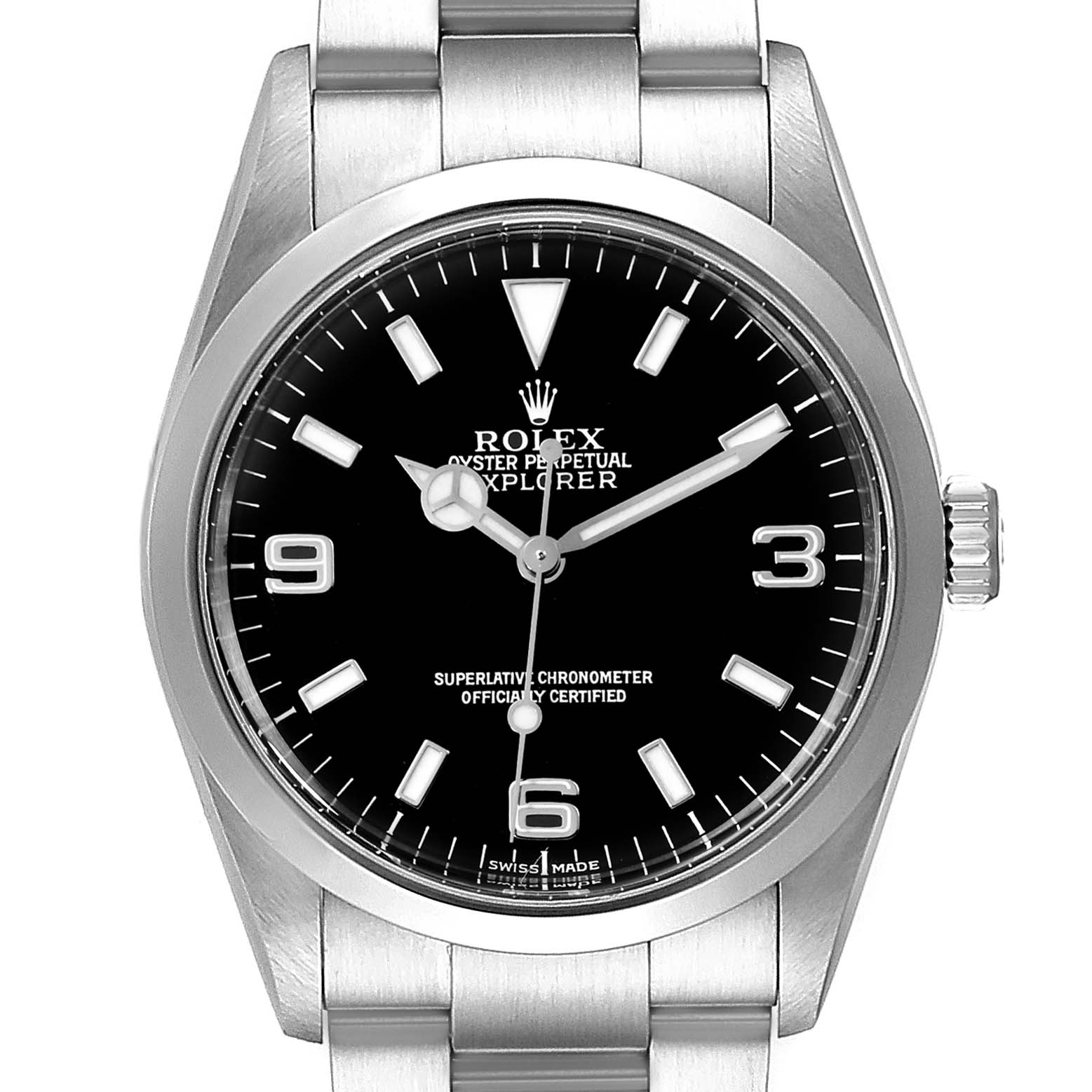 This image shows the front view of the Rolex Explorer 114270 Men
s Stainless Steel Black Dial 114270 Men
s Stainless Steel Black Dial watch, highlighting the dial, hands, and part of the bracelet.