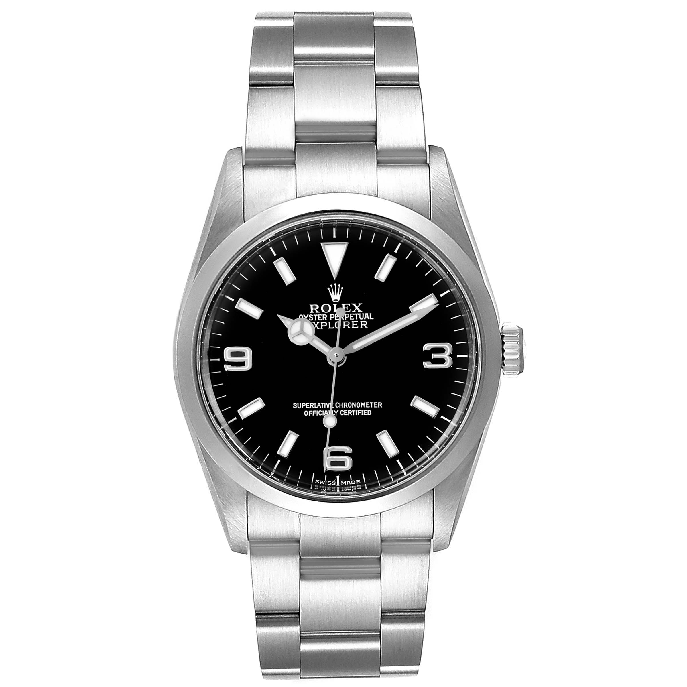 The Rolex Explorer 114270 Men
s Stainless Steel Black Dial 114270 Men
s Stainless Steel Black Dial watch is shown from the front, highlighting the dial, bezel, bracelet, and crown.