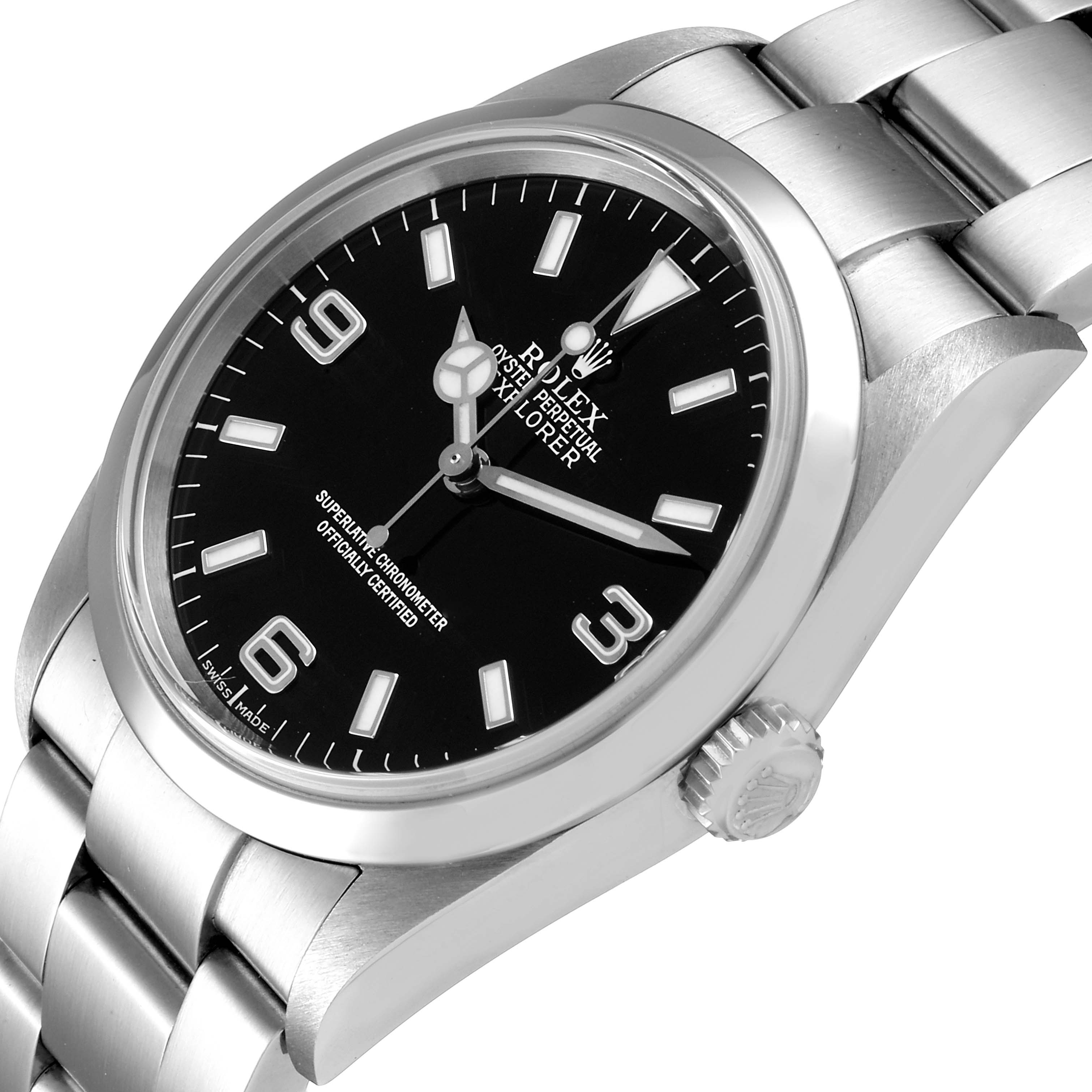 This Rolex Explorer 114270 Men
s Stainless Steel Black Dial 114270 Men
s Stainless Steel Black Dial watch is shown from an angled close-up, highlighting the dial, bezel, and part of the bracelet.