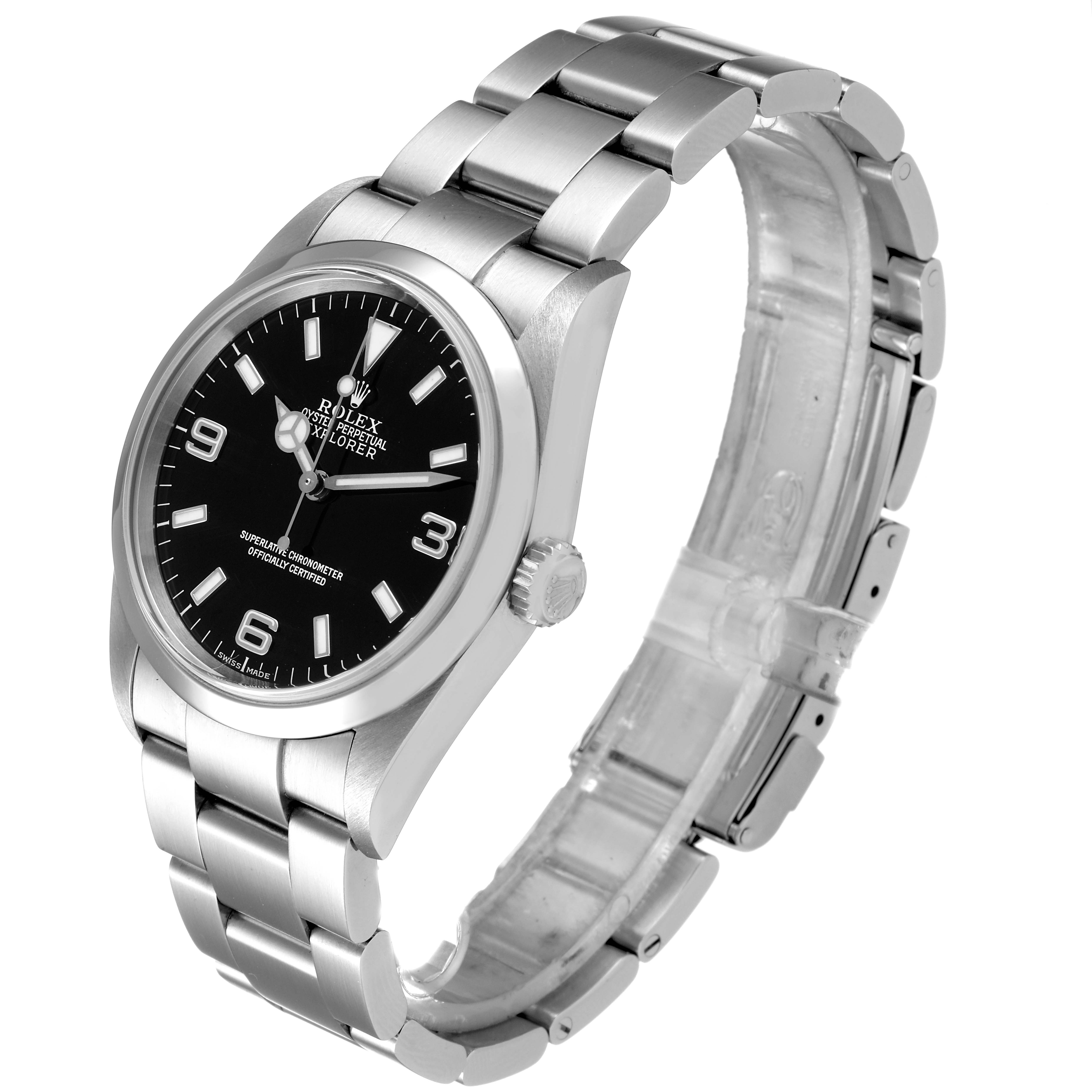 This Rolex Explorer 114270 Men
s Stainless Steel Black Dial 114270 Men
s Stainless Steel Black Dial model watch is shown from an angled side view, displaying the face, bezel, crown, and bracelet.