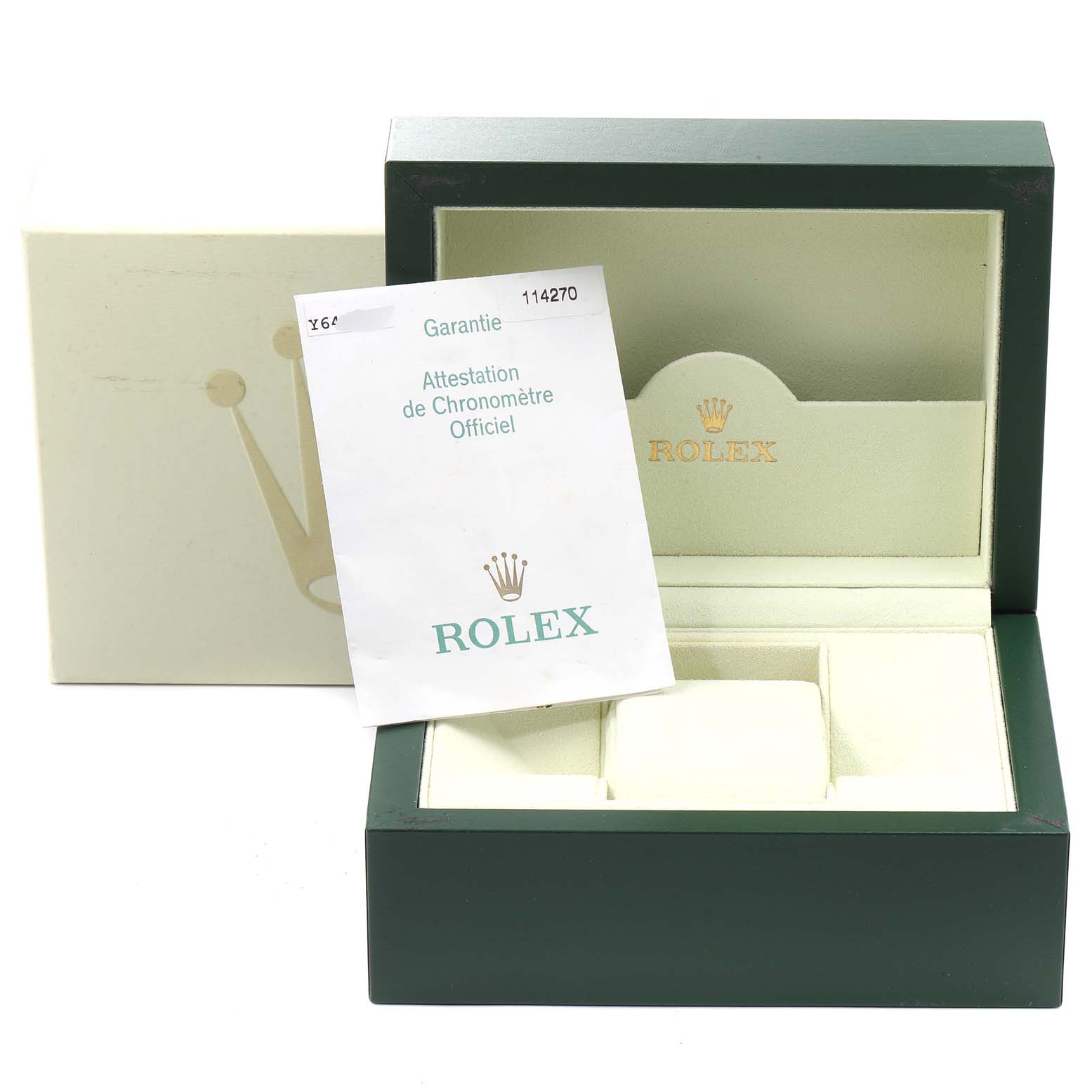 The image shows a green Rolex watch box for the Explorer model with a certificate of Best Quality
ity.