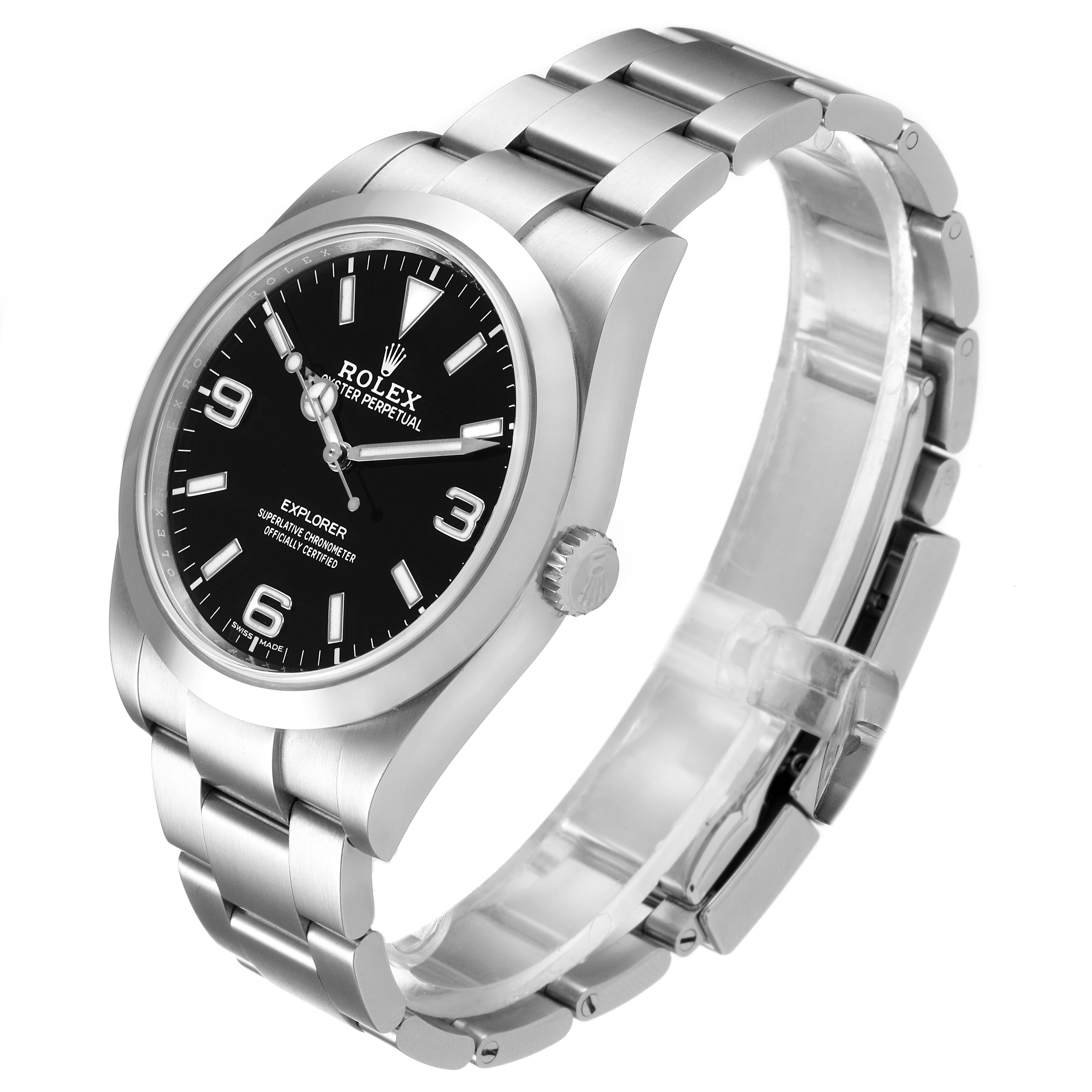 The image shows a Rolex Explorer 214270 Men's Stainless Steel Black Dial 214270 Men's Stainless Steel Black Dial watch from a three-quarter top angle, highlighting the dial, bezel, and bracelet.