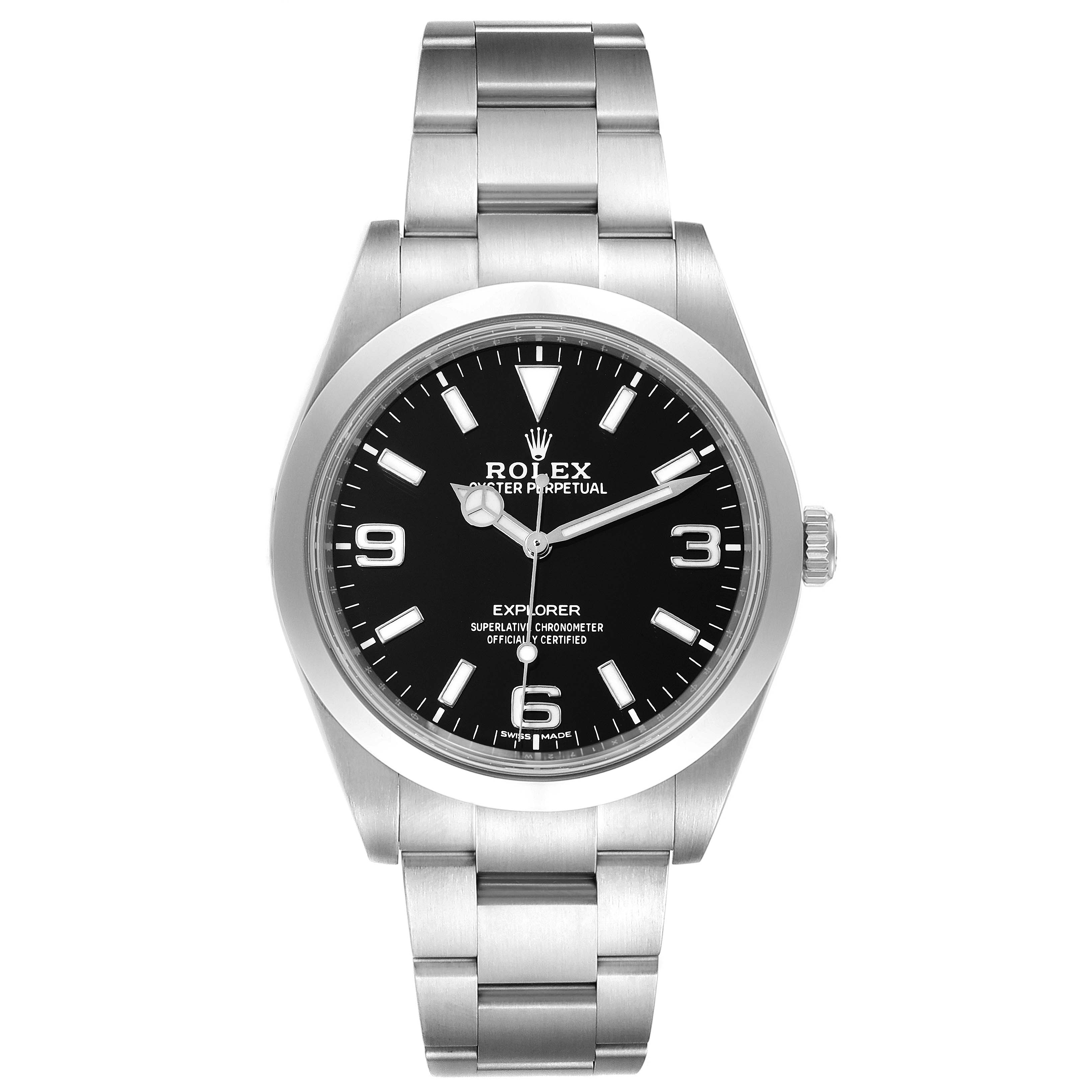 The image shows a front view of the Rolex Explorer 214270 Men's Stainless Steel Black Dial 214270 Men's Stainless Steel Black Dial watch, displaying its face and metal bracelet.