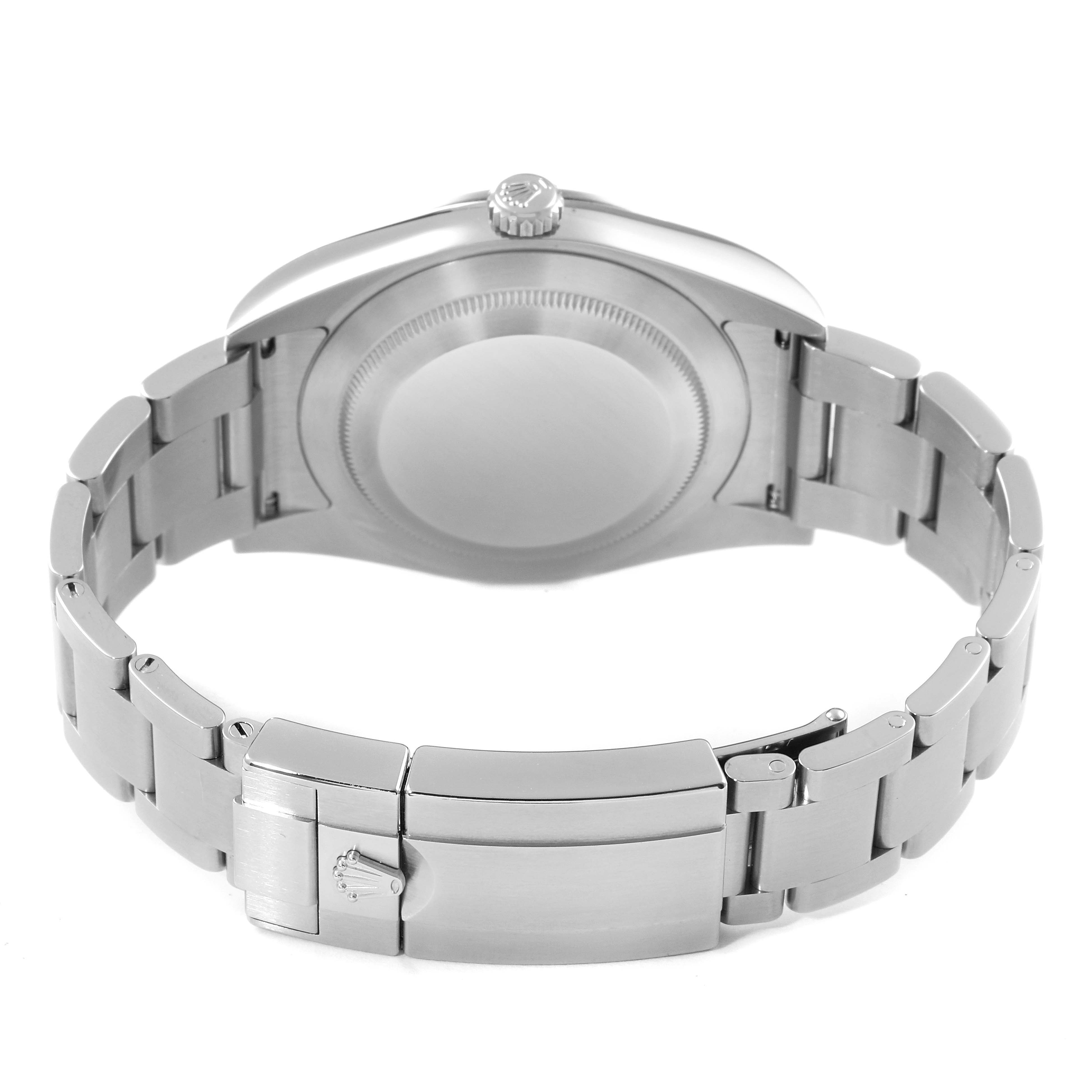 This image shows the back and bracelet clasp of a Rolex Explorer 214270 Men's Stainless Steel Black Dial 214270 Men's Stainless Steel Black Dial model watch from an overhead angle.