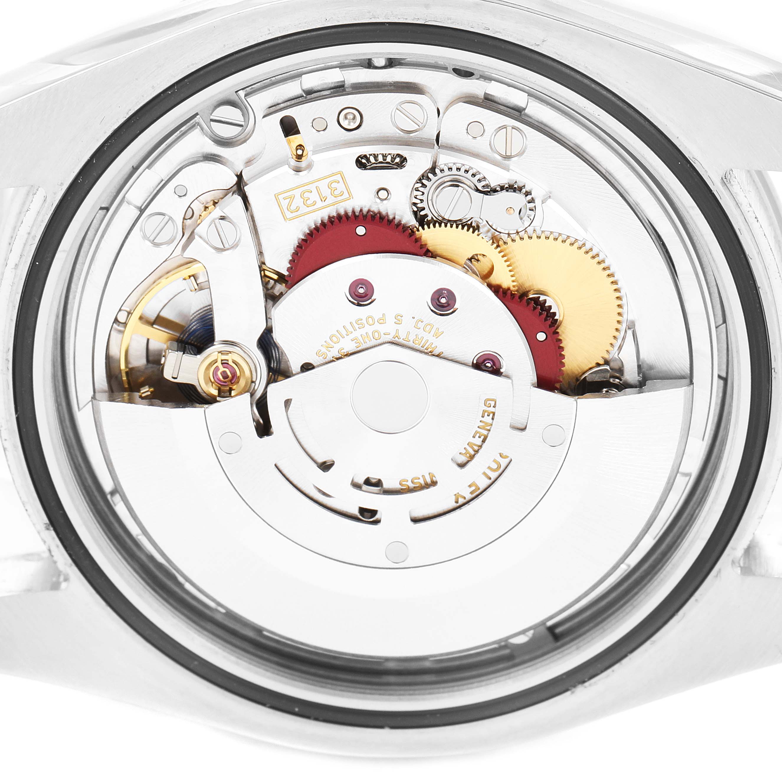 This image shows the internal movement mechanism of a Rolex Explorer 214270 Men's Stainless Steel Black Dial 214270 Men's Stainless Steel Black Dial watch, viewed from the rear case with a clear back.