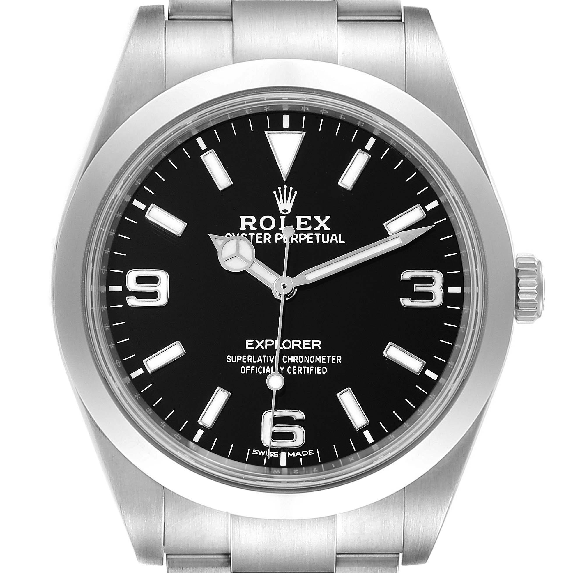 This image shows a front view of the Rolex Explorer 214270 Men's Stainless Steel Black Dial 214270 Men's Stainless Steel Black Dial model watch, featuring its dial, hands, and bracelet.