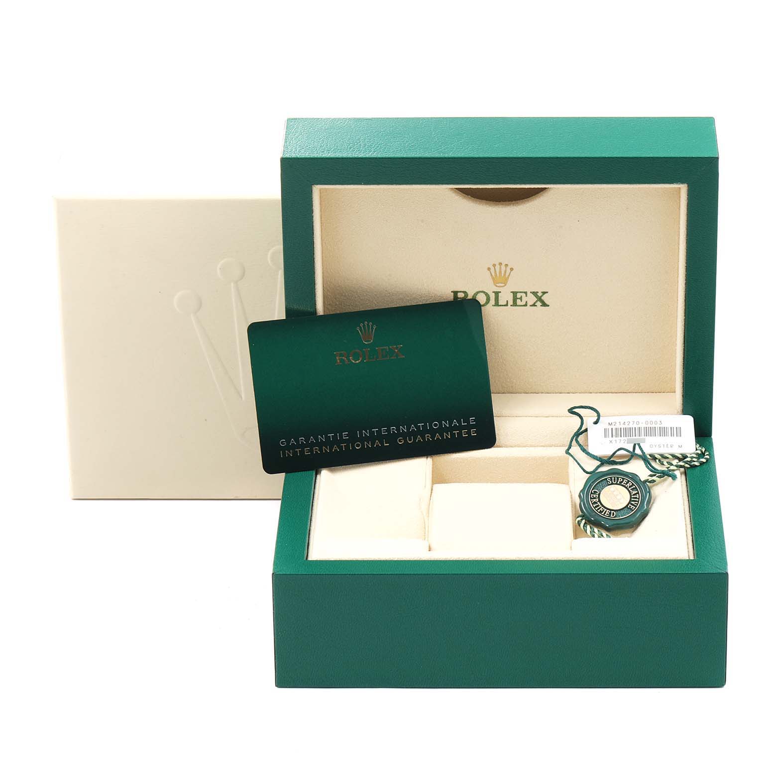 The image shows a Rolex Explorer 214270 Men's Stainless Steel Black Dial 214270 Men's Stainless Steel Black Dial model watch box with international guarantee card and accessories.