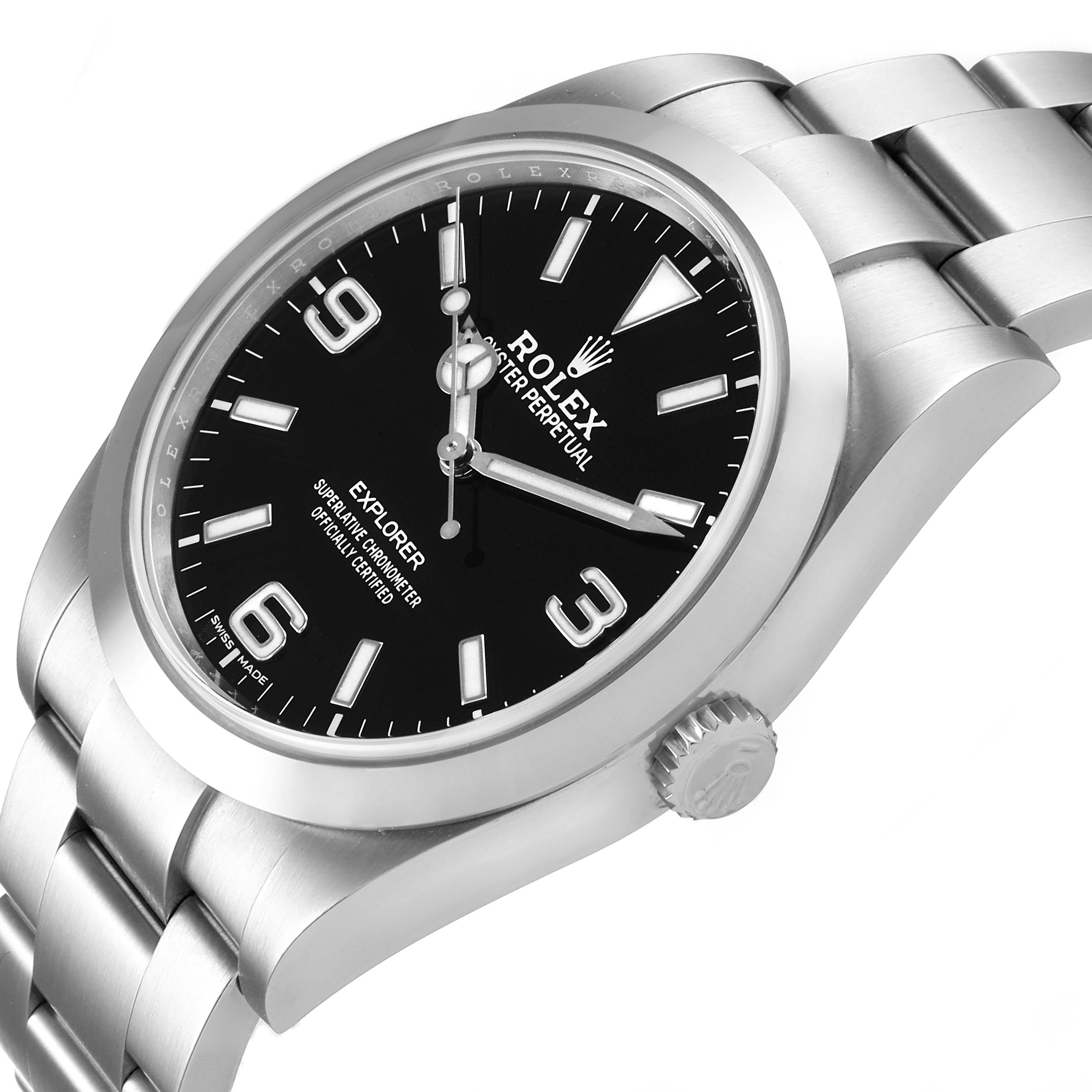 This image shows a side angle of the Rolex Explorer 214270 Men's Stainless Steel Black Dial 214270 Men's Stainless Steel Black Dial watch, highlighting the dial, bezel, crown, and bracelet.
