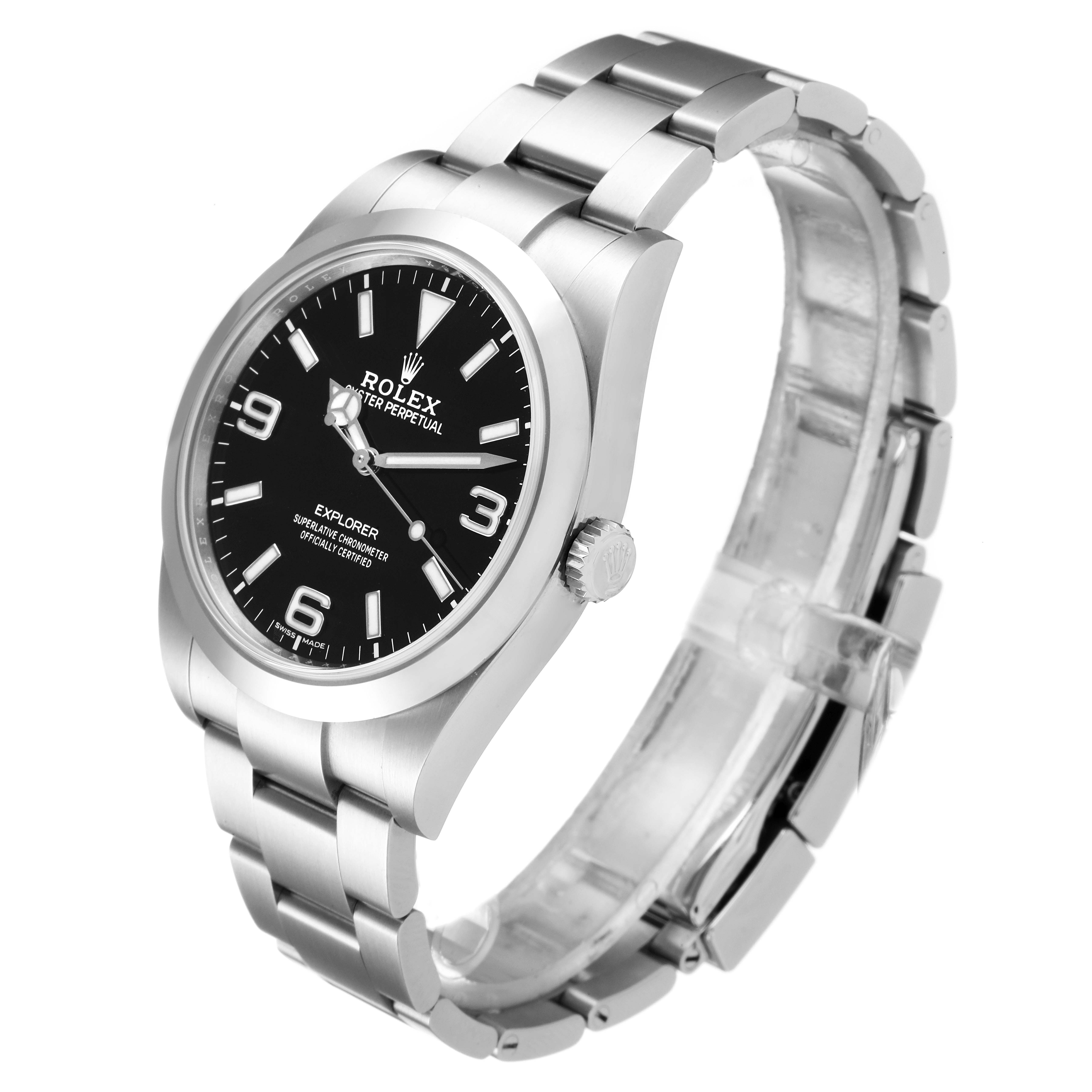 The image shows a side angle view of a Rolex Explorer 214270 Men
s Stainless Steel Black Dial 214270 Men
s Stainless Steel Black Dial watch, highlighting the dial, case, bracelet, and crown.