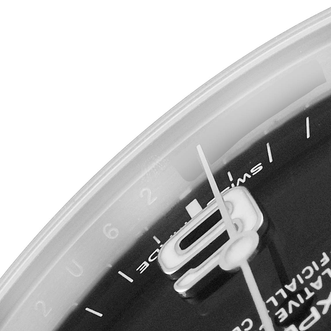 This image shows a close-up of the dial, numerals, and hands of a Rolex Explorer 214270 Men
s Stainless Steel Black Dial 214270 Men
s Stainless Steel Black Dial watch.