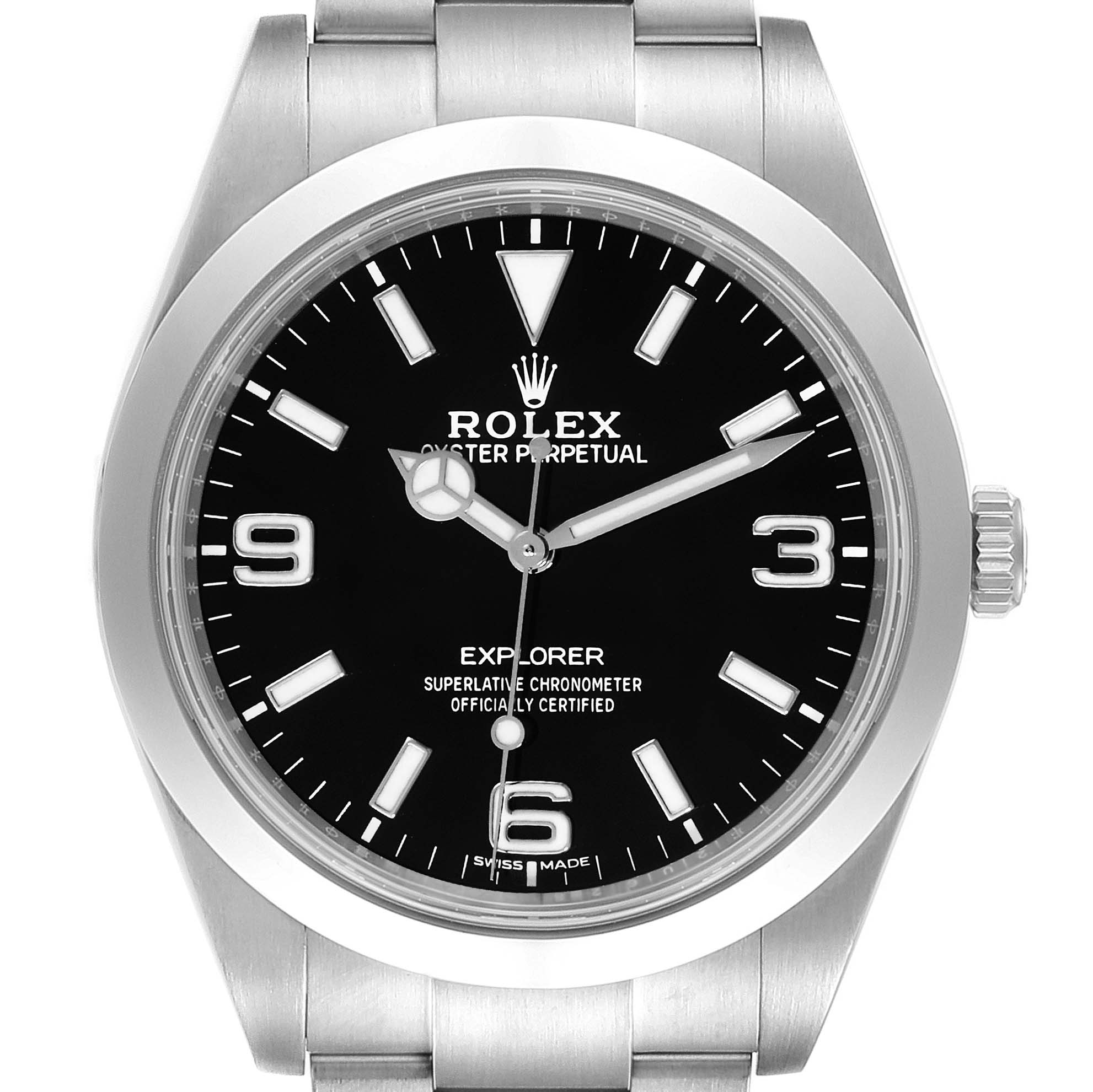 The image shows a front view of the Rolex Explorer 214270 Men
s Stainless Steel Black Dial 214270 Men
s Stainless Steel Black Dial watch with its black dial, silver bezel, and stainless steel bracelet.