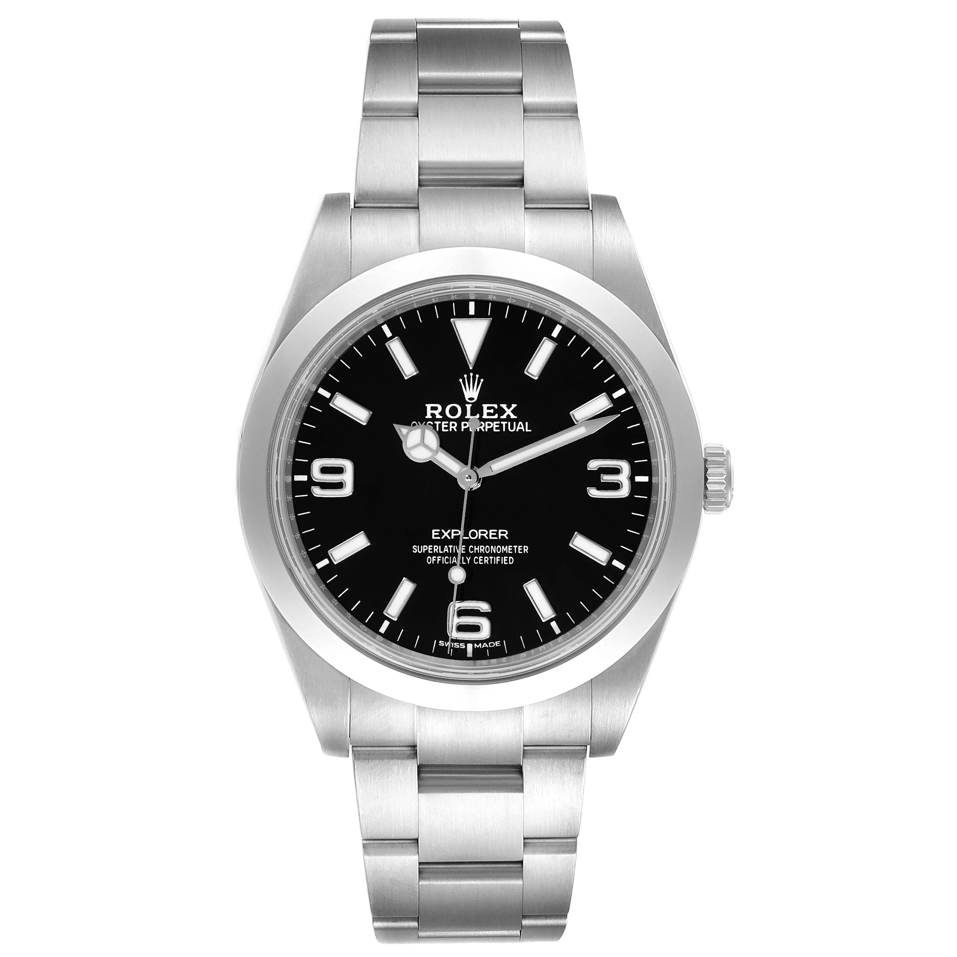 This image shows a front view of the Rolex Explorer 214270 Men
s Stainless Steel Black Dial 214270 Men
s Stainless Steel Black Dial watch displaying its face, bezel, and stainless steel bracelet.