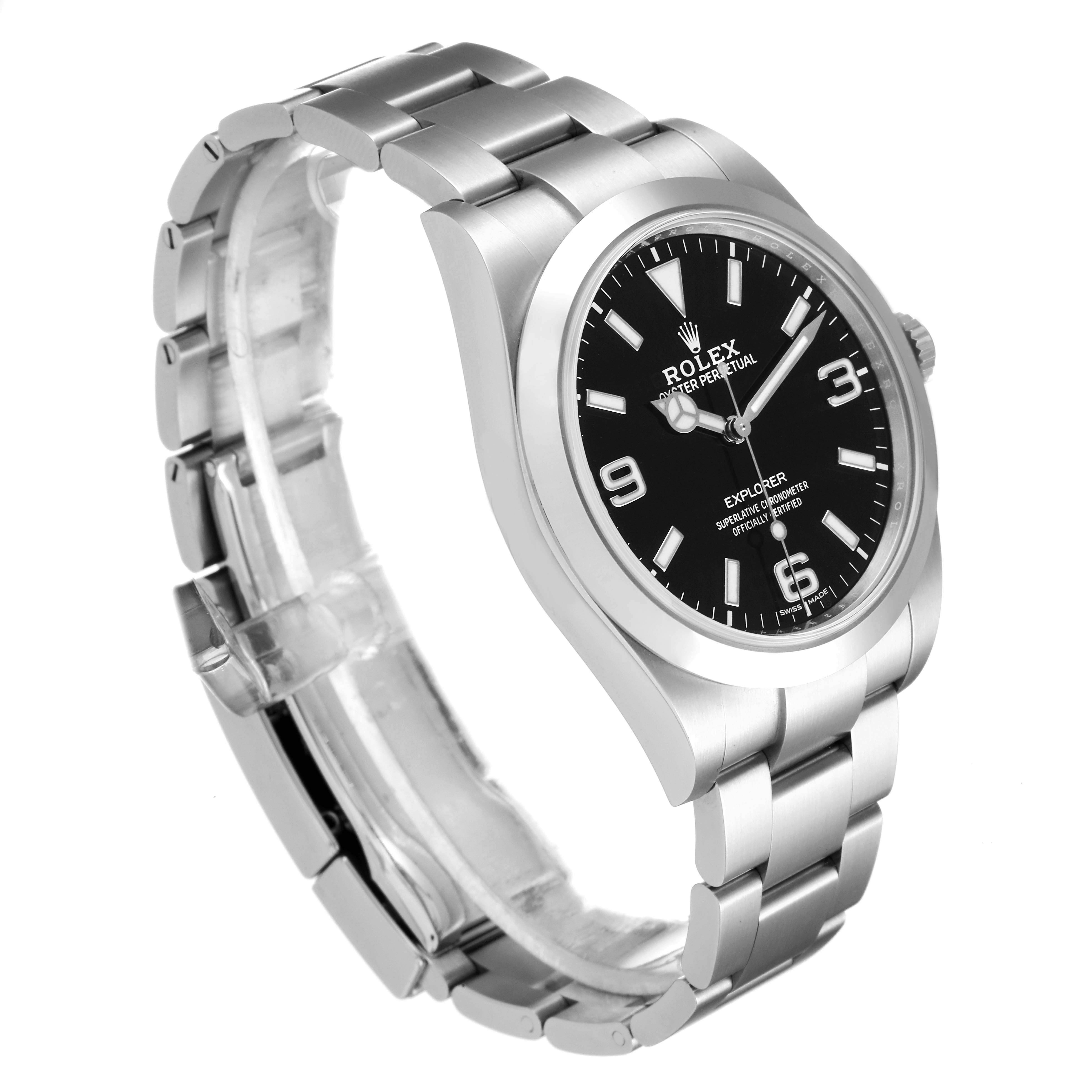 The image shows a side angle of a Rolex Explorer 214270 Men
s Stainless Steel Black Dial 214270 Men
s Stainless Steel Black Dial watch, highlighting its stainless steel bracelet, case, and black dial.