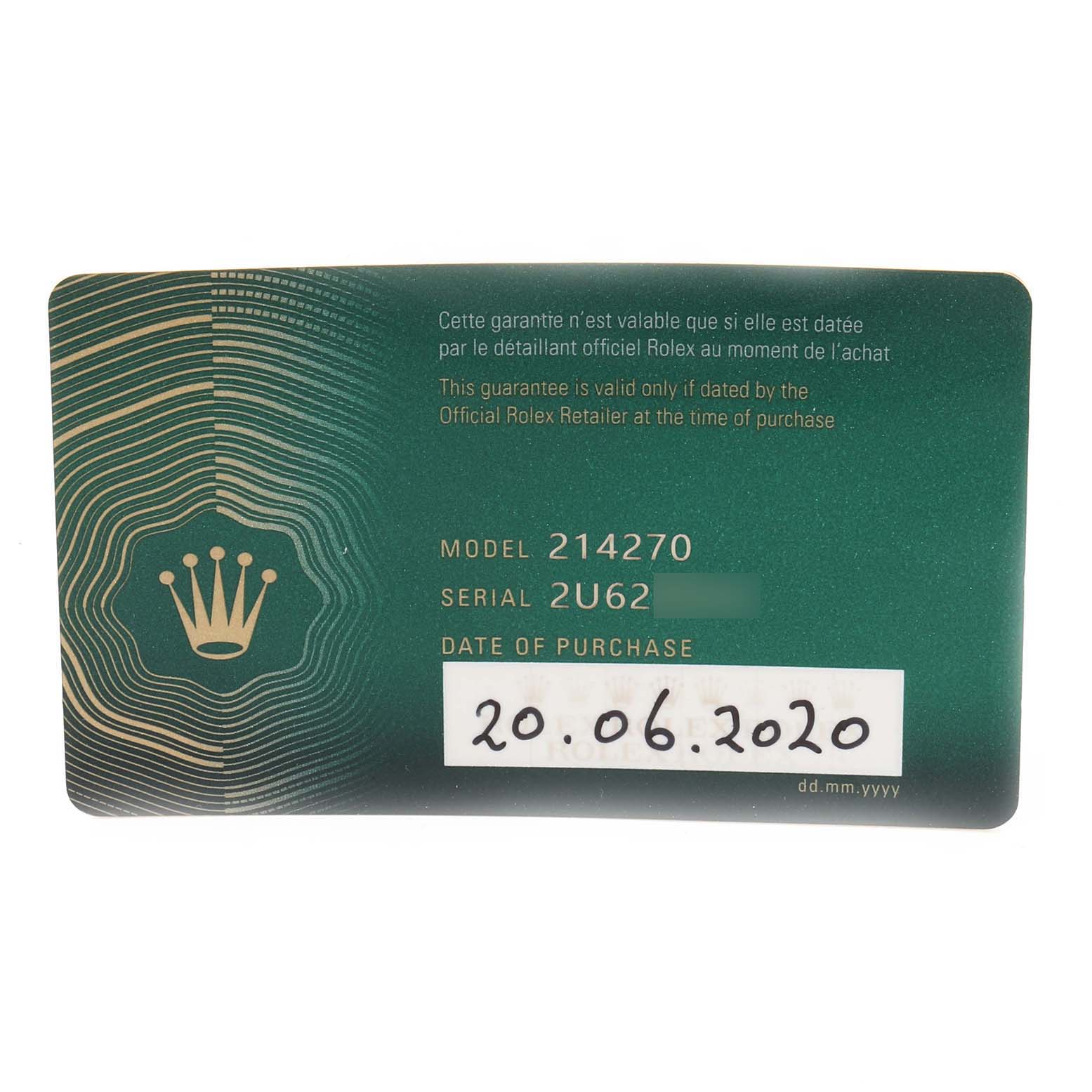 The image shows a Rolex warranty card for the Explorer model 214270, detailing the serial number and purchase date.