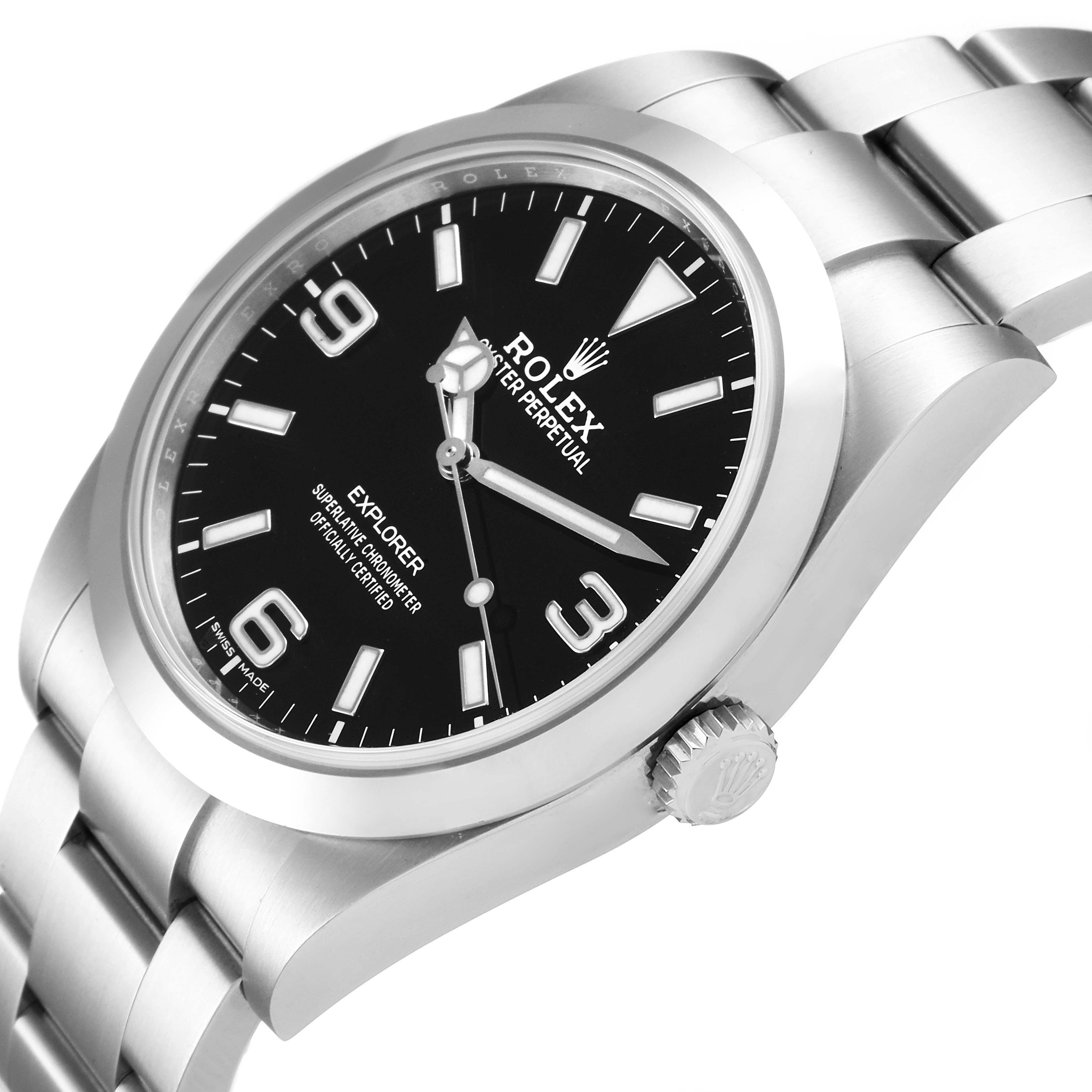 The Rolex Explorer 214270 Men
s Stainless Steel Black Dial 214270 Men
s Stainless Steel Black Dial watch is shown at an angle highlighting its face, bezel, crown, and part of the bracelet.