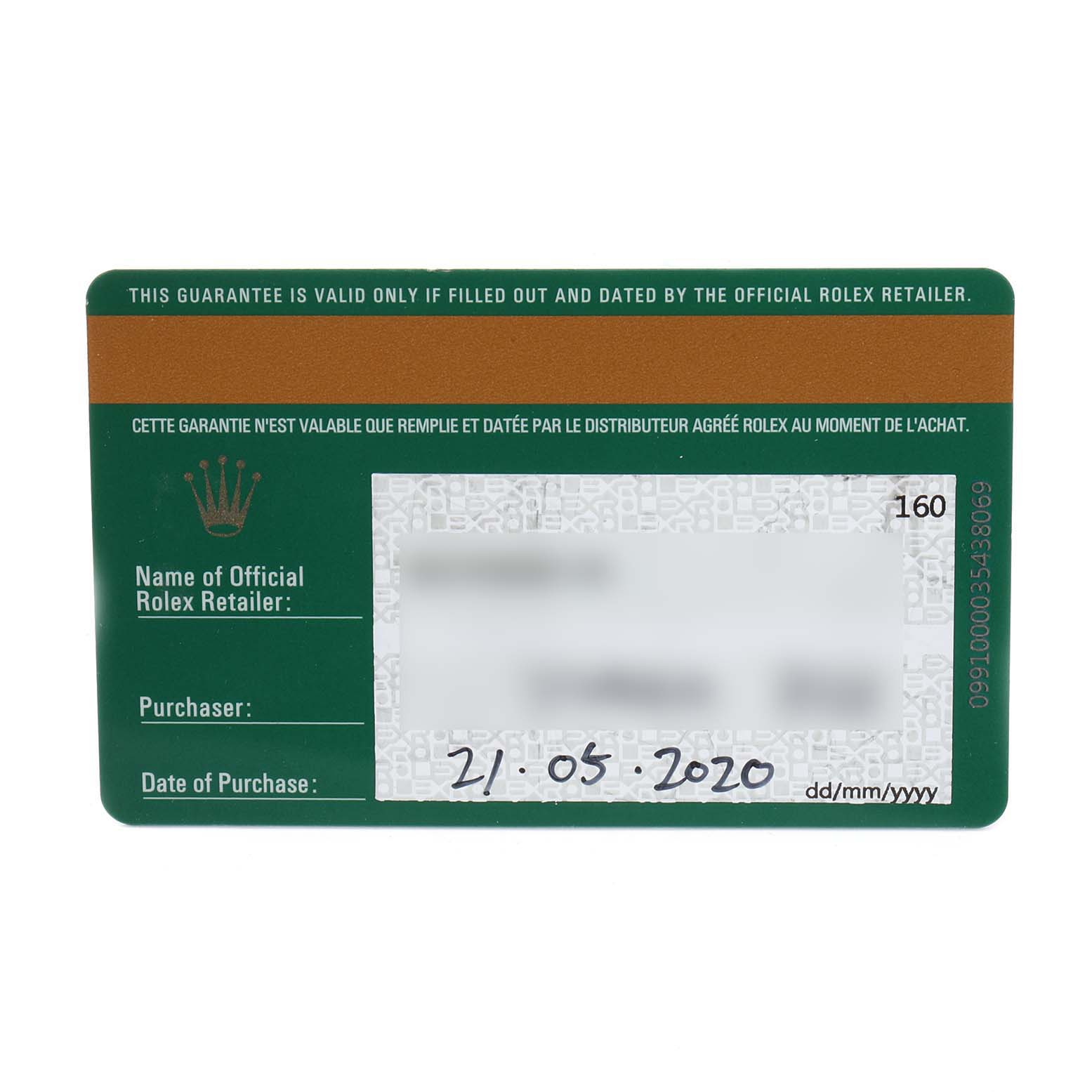 This image shows the warranty card for a Rolex Explorer 216570 Men
s Stainless Steel Black Dial 216570 Men
s Stainless Steel Black Dial model, including purchase details and retailer information.