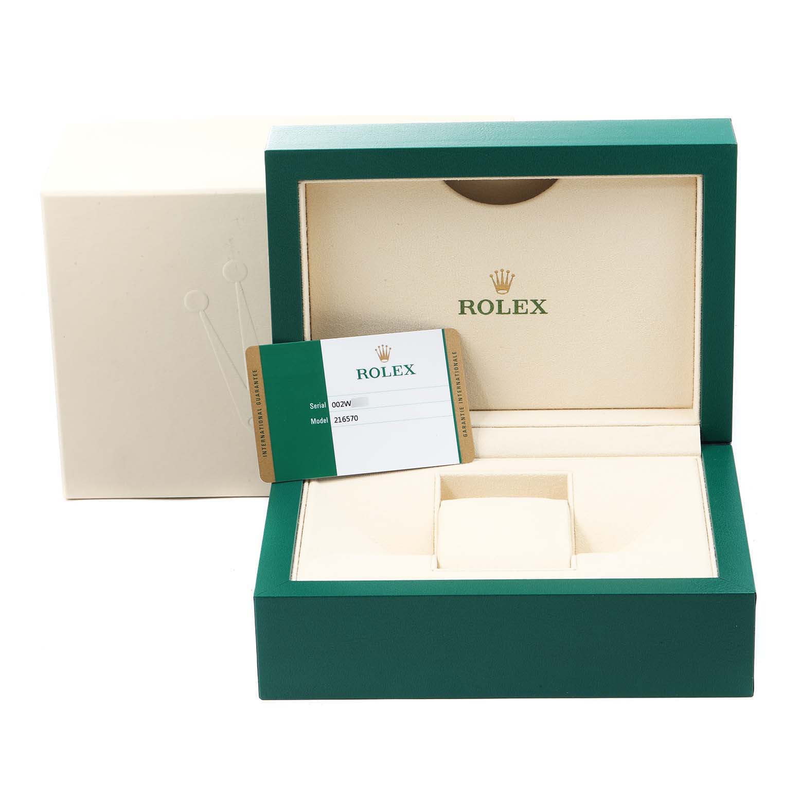 The image shows an empty Rolex Explorer 216570 Men
s Stainless Steel Black Dial 216570 Men
s Stainless Steel Black Dial watch box with a warranty card partially inserted.