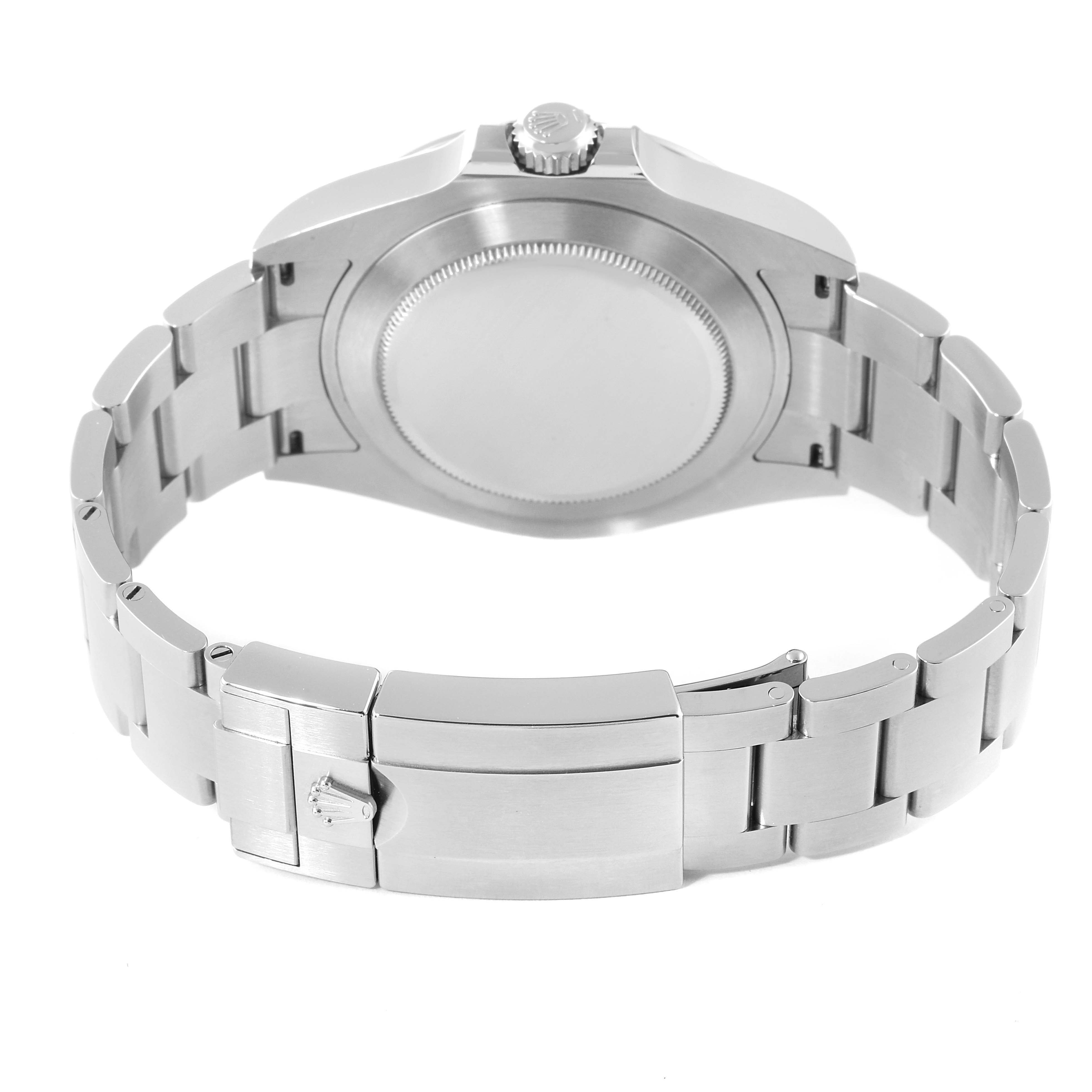 This shows the back view of a Rolex Explorer 226570 Men
s Stainless Steel Black Dial 226570 Men
s Stainless Steel Black Dial watch, featuring its stainless steel case, crown, and secured bracelet.