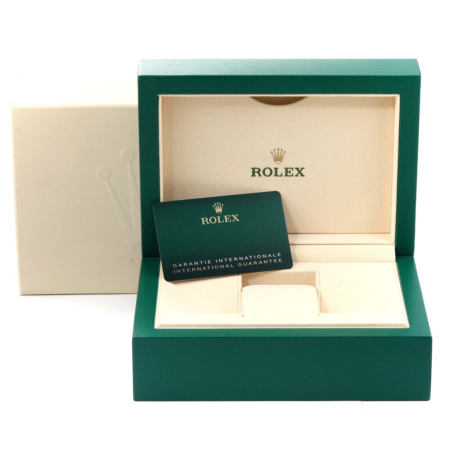 The image shows the open box and international guarantee card for a Rolex Explorer 226570 Men
s Stainless Steel Black Dial 226570 Men
s Stainless Steel Black Dial model watch.