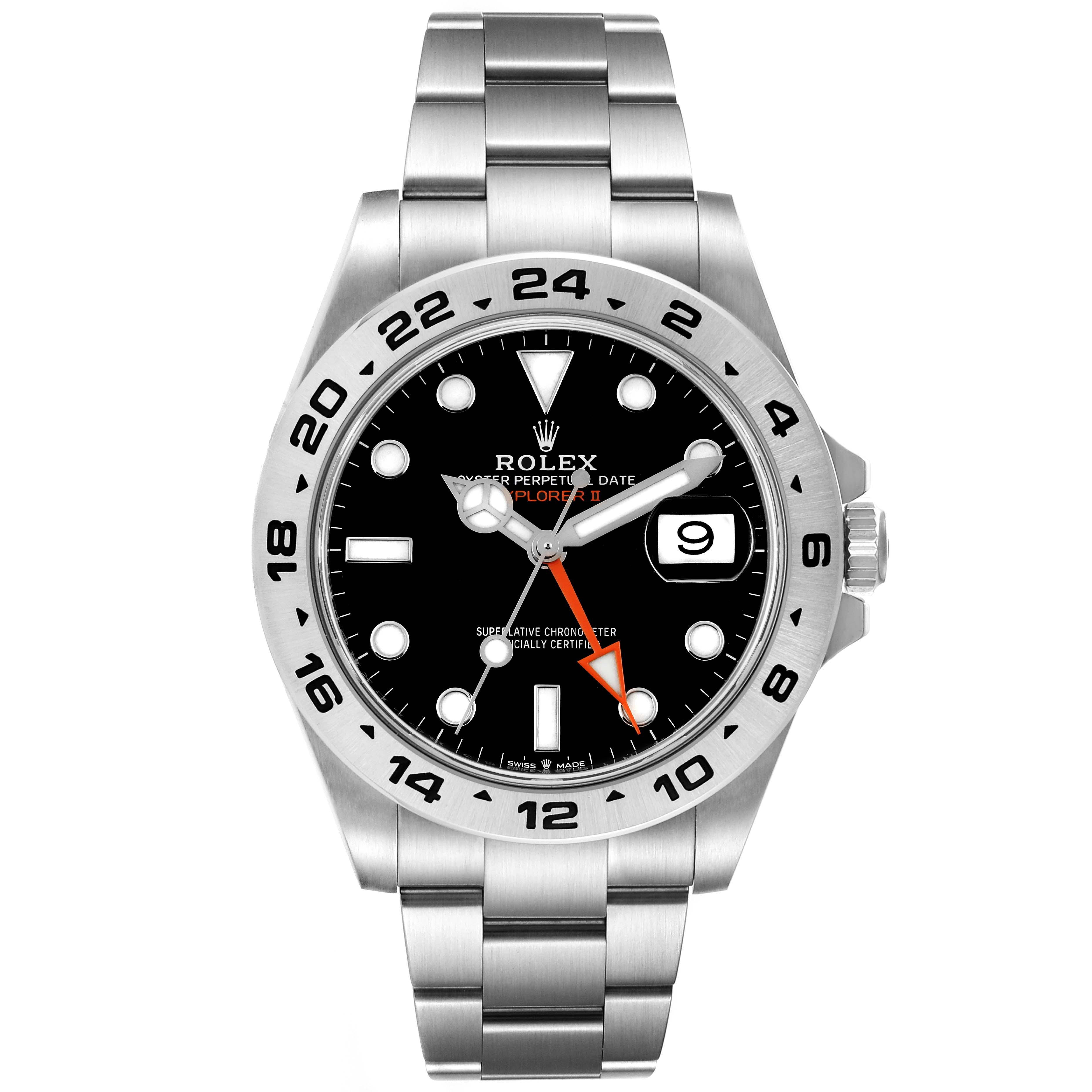 The image shows a front view of the Rolex Explorer 226570 Men
s Stainless Steel Black Dial 226570 Men
s Stainless Steel Black Dial watch featuring a black dial, stainless steel bracelet, and date complication.
