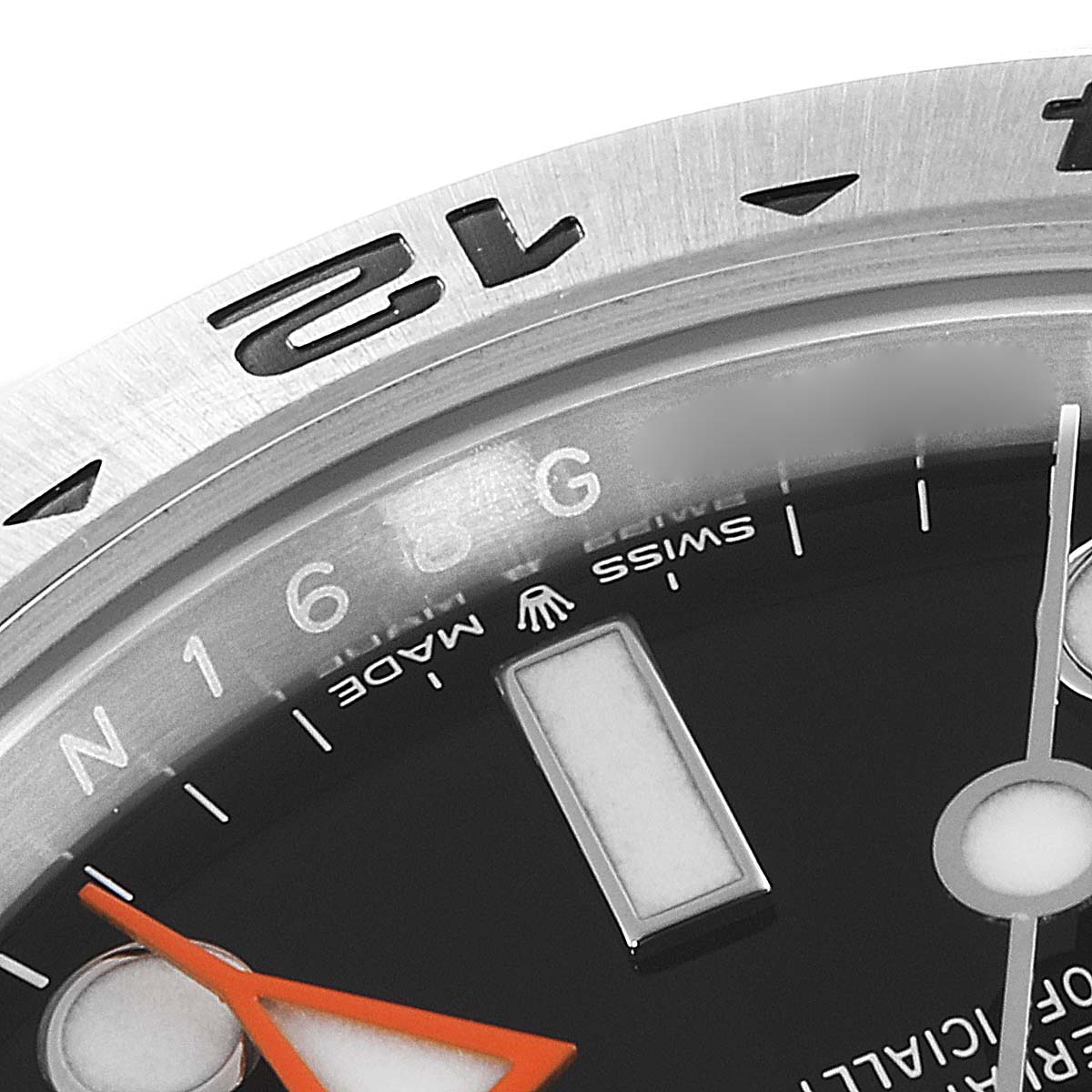 This image shows a close-up angle focusing on the bezel, hour markers, and hands of the Rolex Explorer 226570 Men
s Stainless Steel Black Dial 226570 Men
s Stainless Steel Black Dial watch.