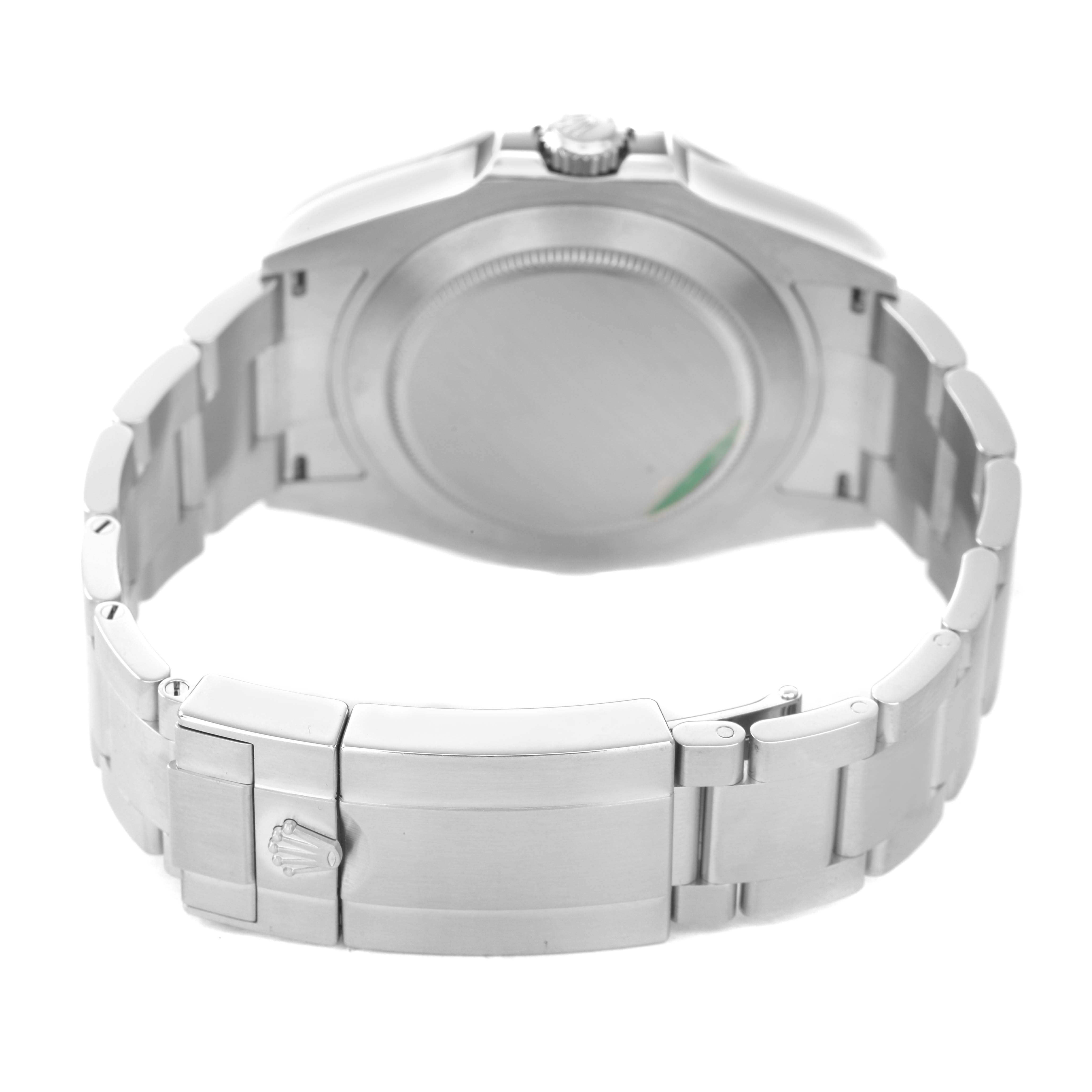 The image shows the back view of the Rolex Explorer 226570 Men's Stainless Steel White Dial, highlighting its bracelet, clasp, and case back.