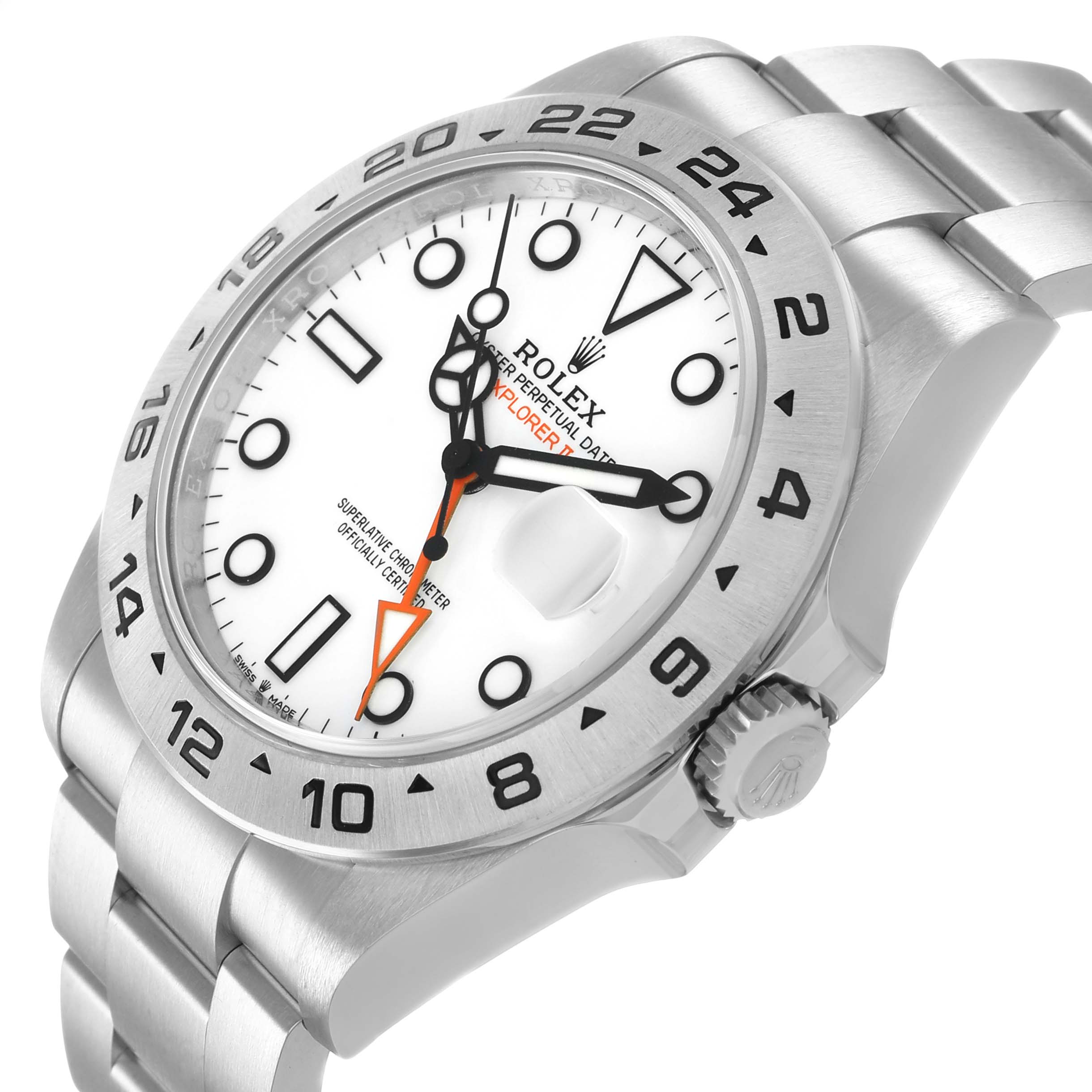 The Rolex Explorer 226570 Men's Stainless Steel White Dial watch is shown at an angle highlighting the face, bezel, bracelet, and crown.
