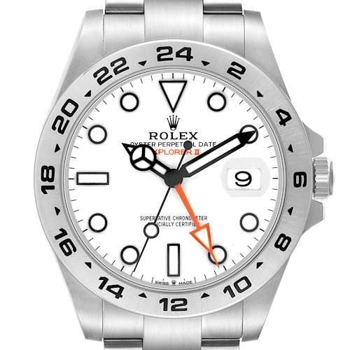 The image shows a front view of the Rolex Explorer 226570 Men's Stainless Steel White Dial II watch, highlighting its dial, markers, bezel, and crown.