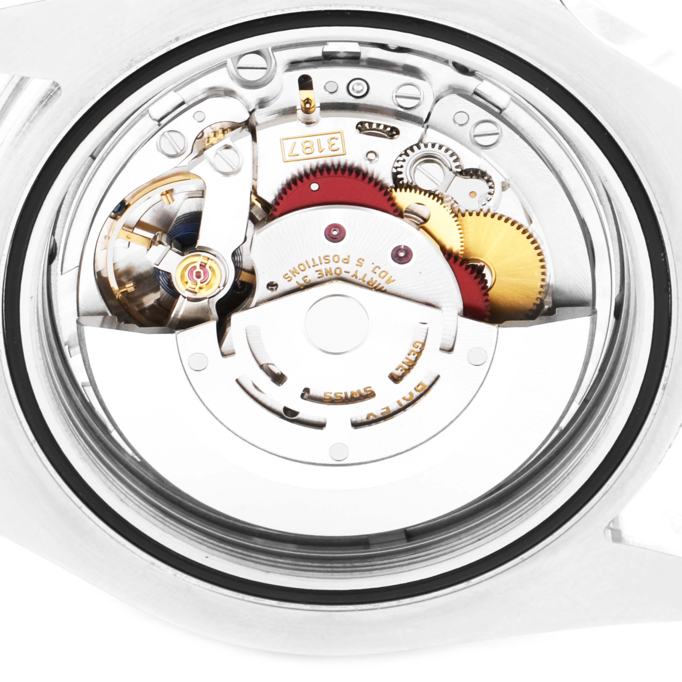 The image shows the internal mechanism and movement parts of a Rolex Explorer 216570 Men
s Stainless Steel White Dial 216570 Men
s Stainless Steel White Dial watch from a rear angle.