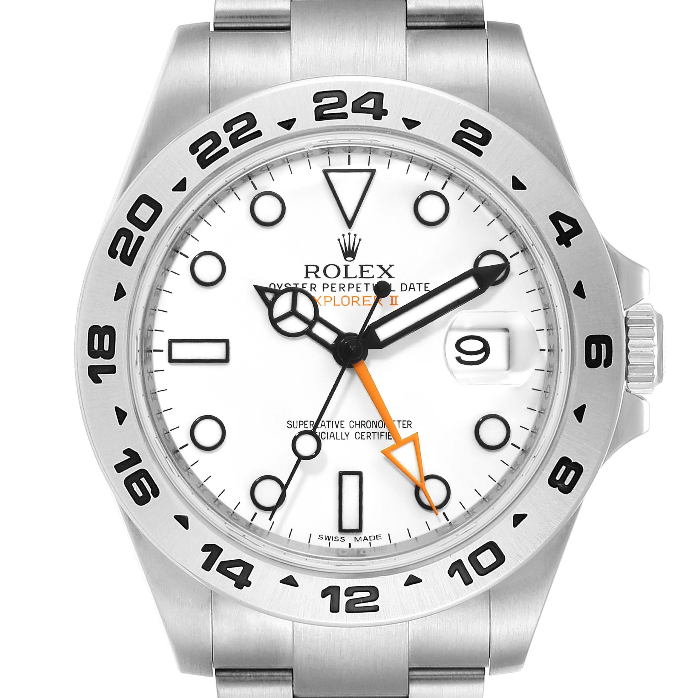 This image shows the face, bezel, and part of the bracelet of a Rolex Explorer 216570 Men
s Stainless Steel White Dial 216570 Men
s Stainless Steel White Dial watch from a front view angle.