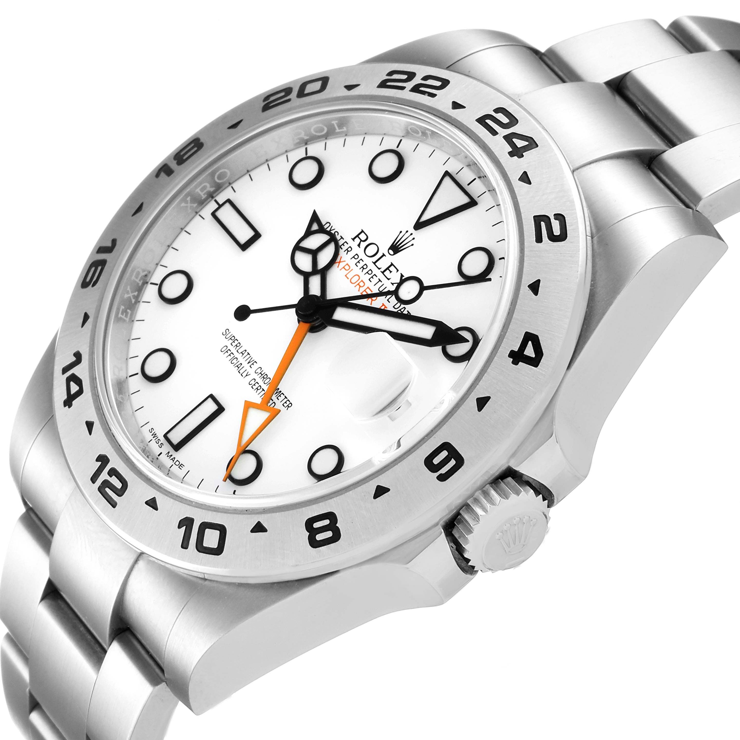 The image shows a side angle of the Rolex Explorer 216570 Men
s Stainless Steel White Dial 216570 Men
s Stainless Steel White Dial watch, focusing on the face, bezel, crown, and part of the bracelet.