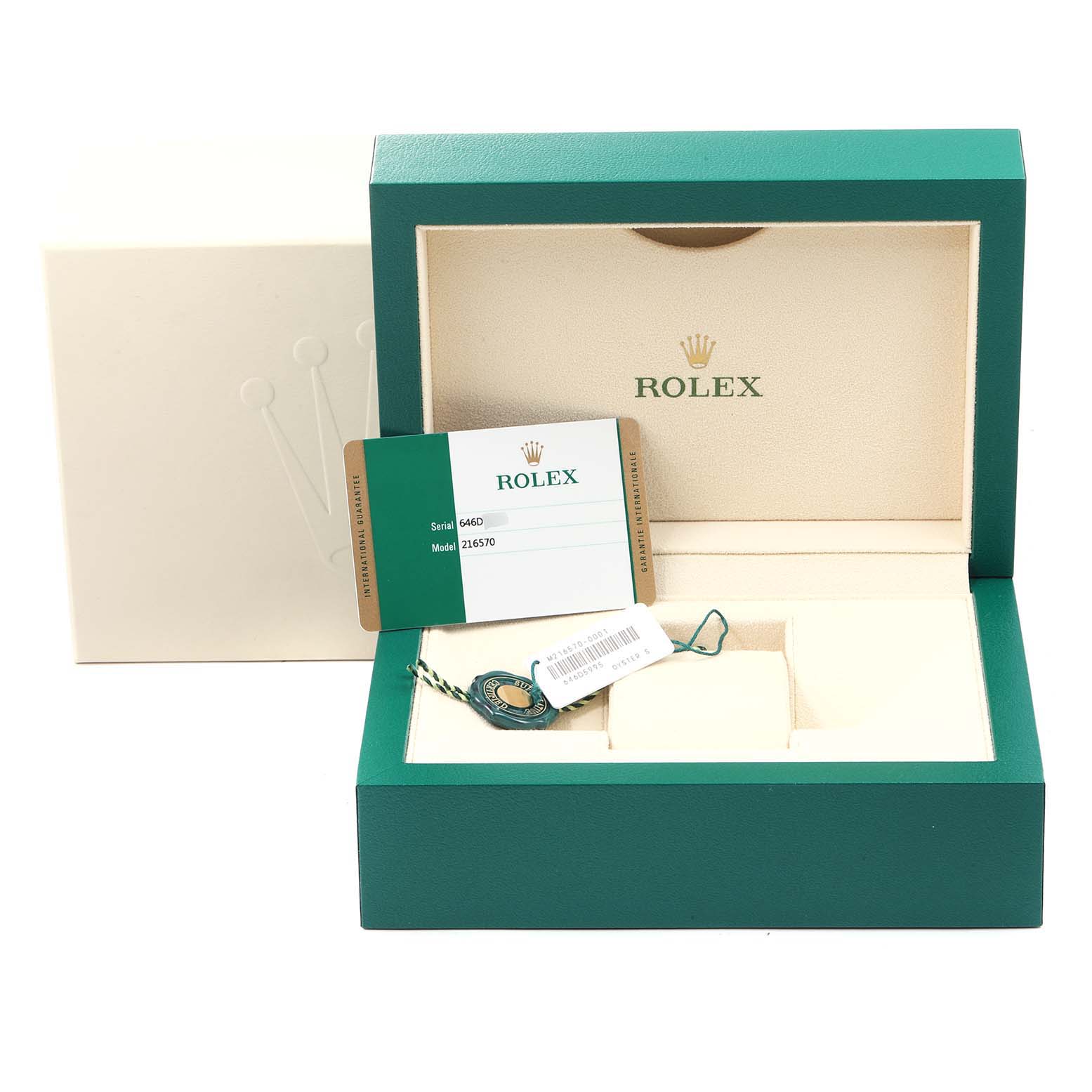 The image shows a Rolex Explorer 216570 Men
s Stainless Steel White Dial 216570 Men
s Stainless Steel White Dial watch box, warranty card, tag, and accessories at a front angle.