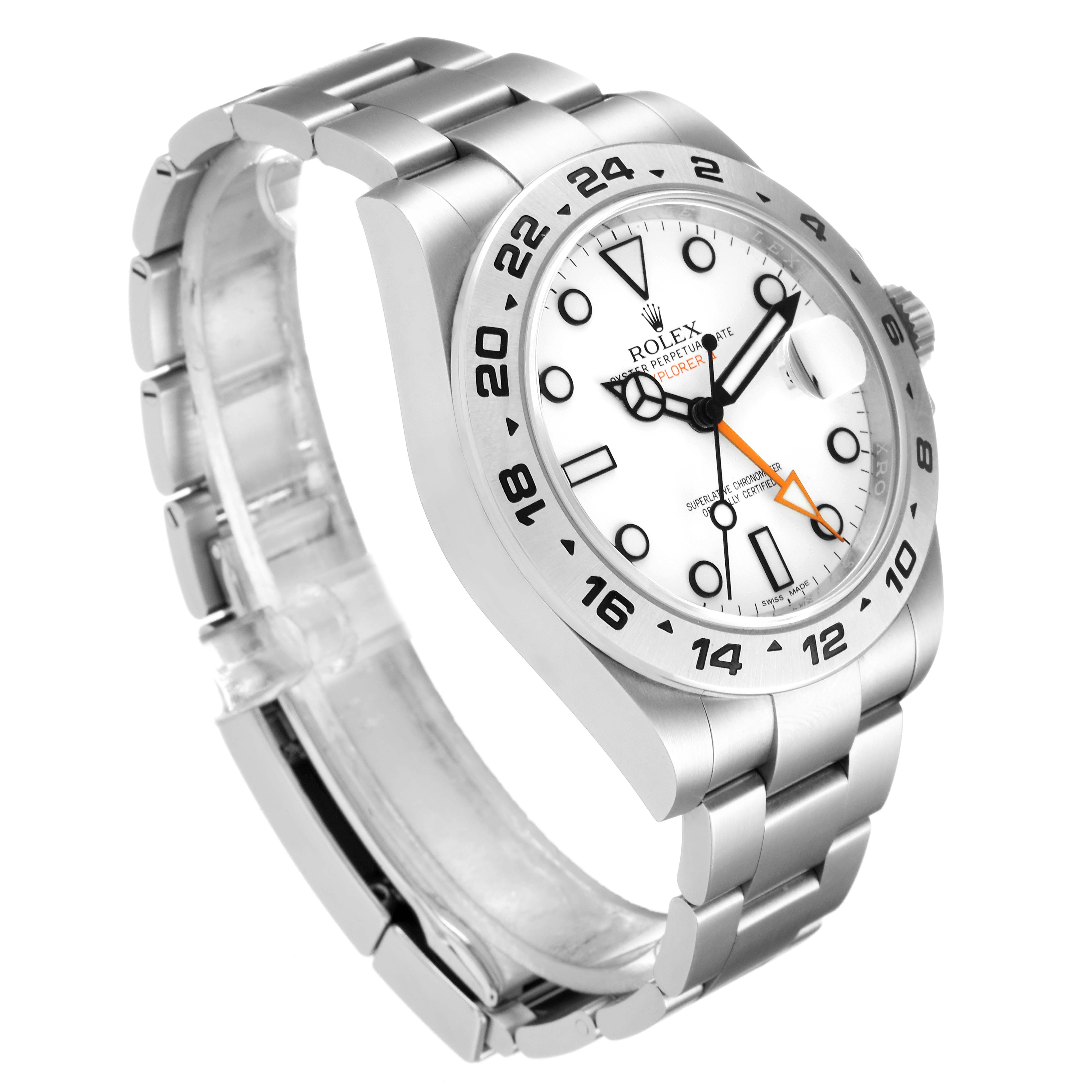 This image shows a Rolex Explorer 216570 Men
s Stainless Steel White Dial 216570 Men
s Stainless Steel White Dial watch from a front-left angle, highlighting its face, bezel, bracelet, and clasp.