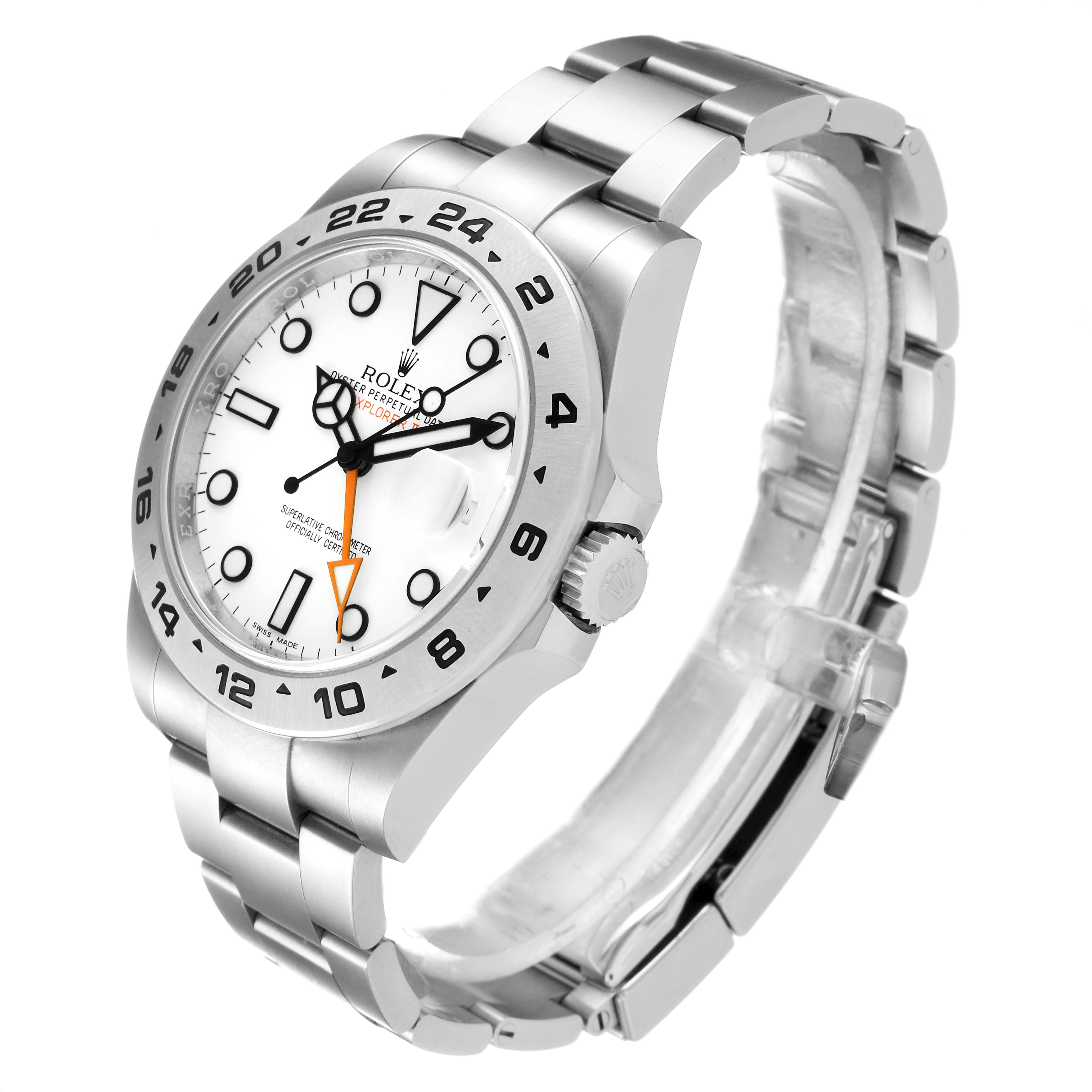 The image shows a Rolex Explorer 216570 Men
s Stainless Steel White Dial 216570 Men
s Stainless Steel White Dial watch at an angled view highlighting the face, bezel, crown, and bracelet.